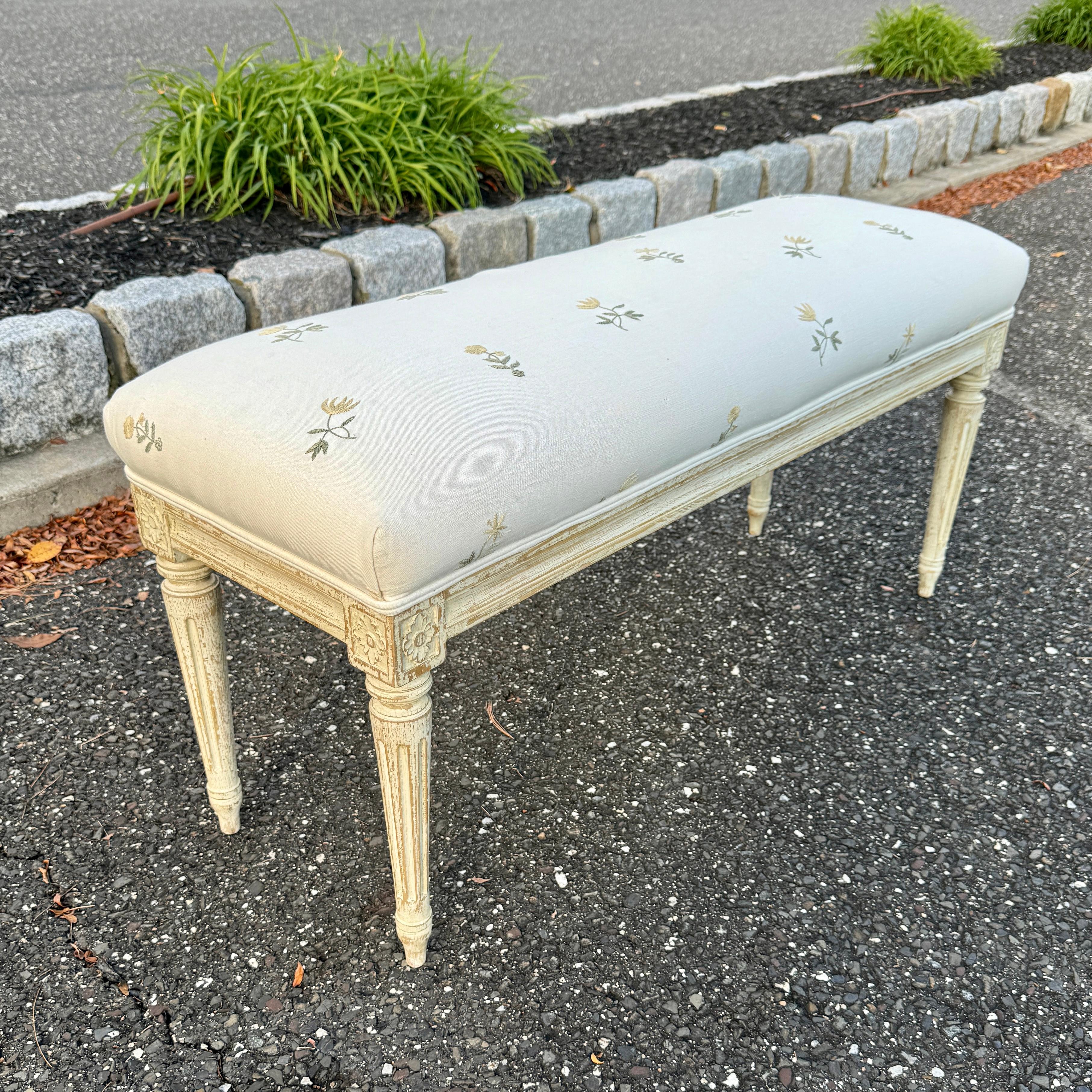 Silk Swedish Gustavian Style Upholstered Painted Bench For Sale