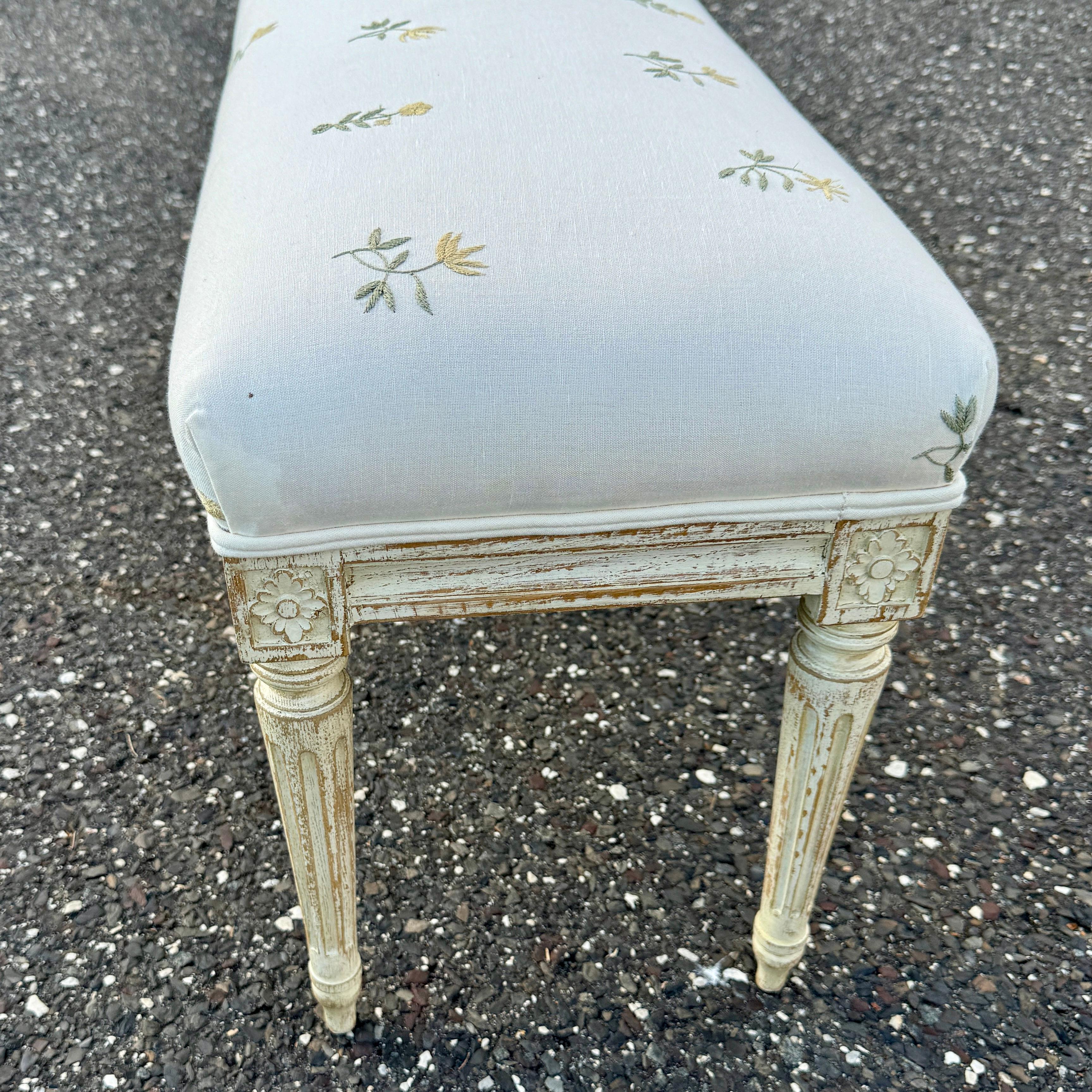 Swedish Gustavian Style Upholstered Painted Bench For Sale 2