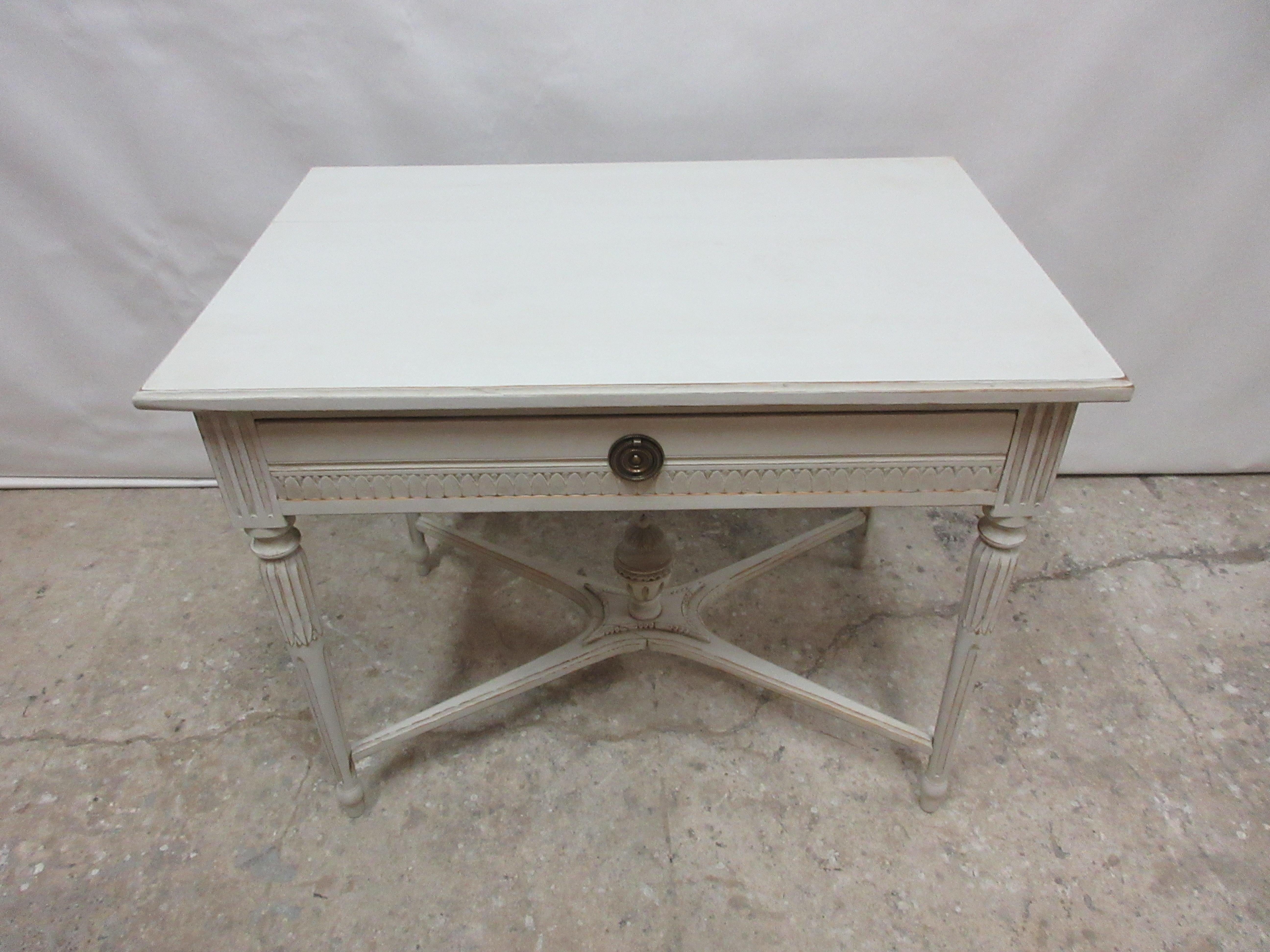 This is a unique Swedish Gustavian table with a drawer. its been restored and repainted with Milk Paints 