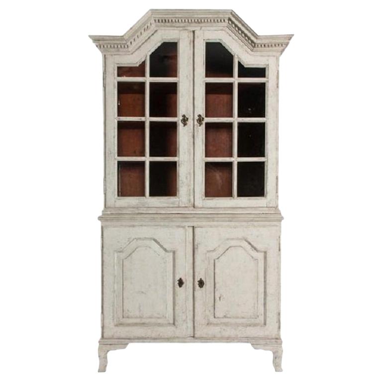 Antique White Gustavian Style Vitrine with Glass Panel Doors