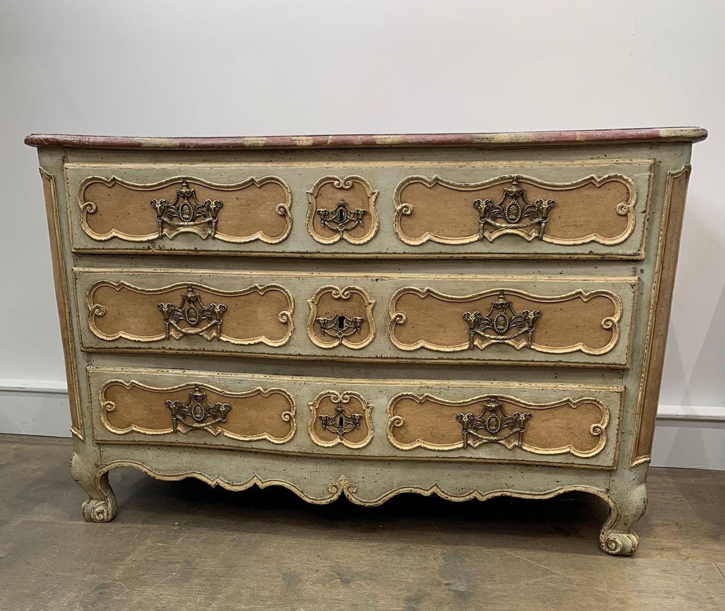 
Circa late 1700s/early 1800s very unusual and large rare antique Swedish ( or possibly french) Gustavian White Grey painted chest of drawers commode with classic rococo style feet and drawer front detail on the drawer fronts and gilt edges. 

It