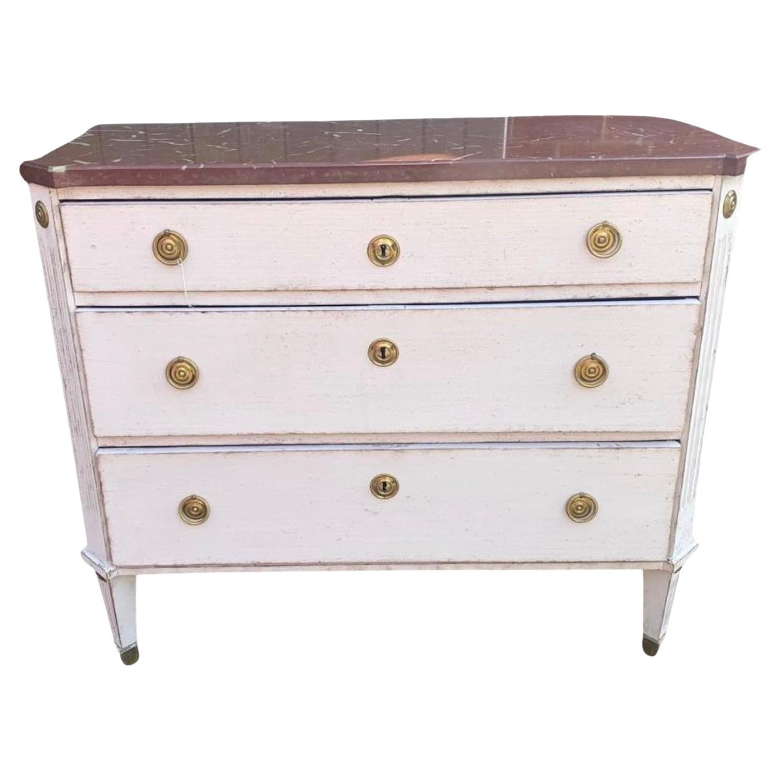 Swedish Gustavian White Grey Painted Marble Top Chest of Drawers Commode 1875 For Sale