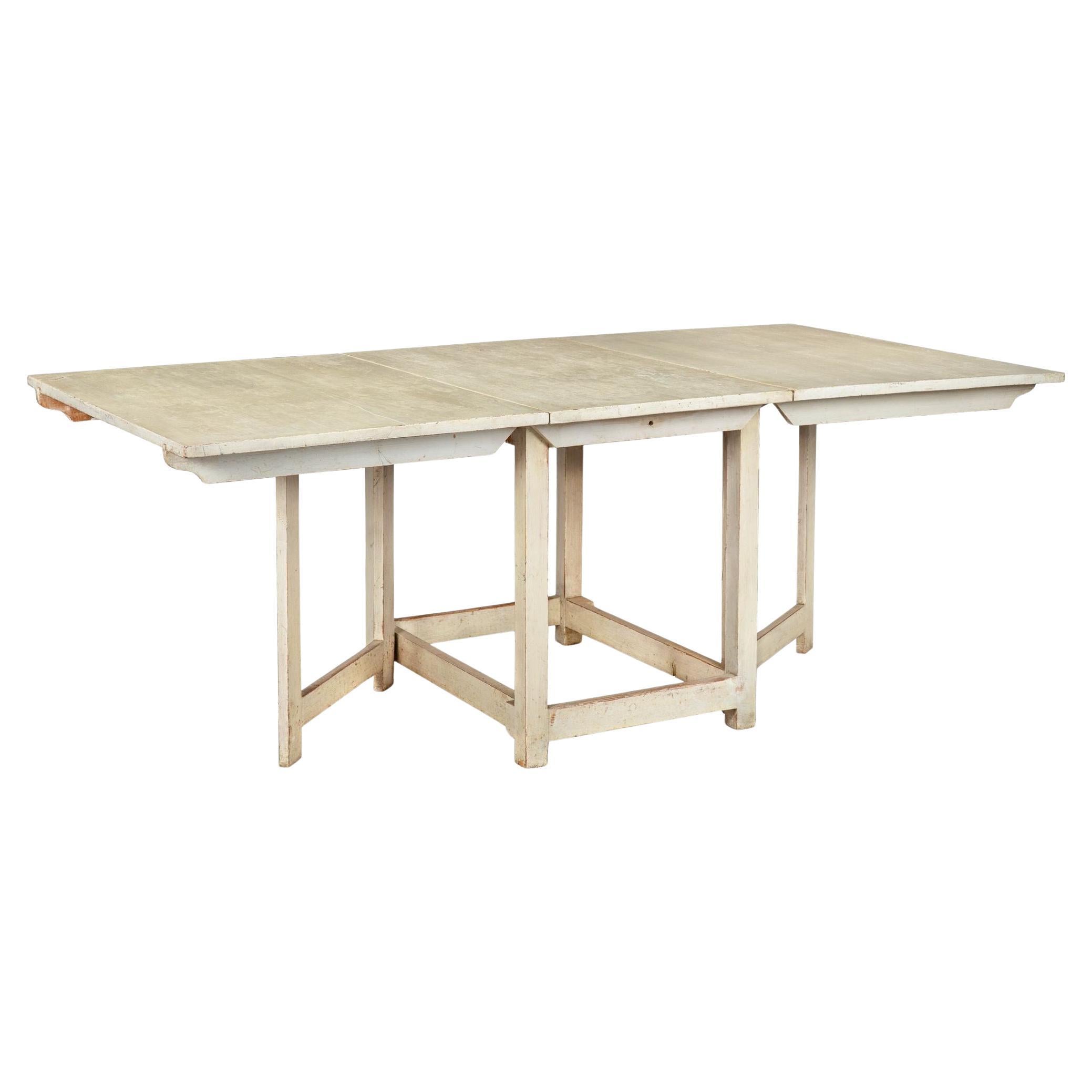 Mesa de Comedor Antigua Gustaviana Sueca Pintada de Blanco con Hojas Caídas
