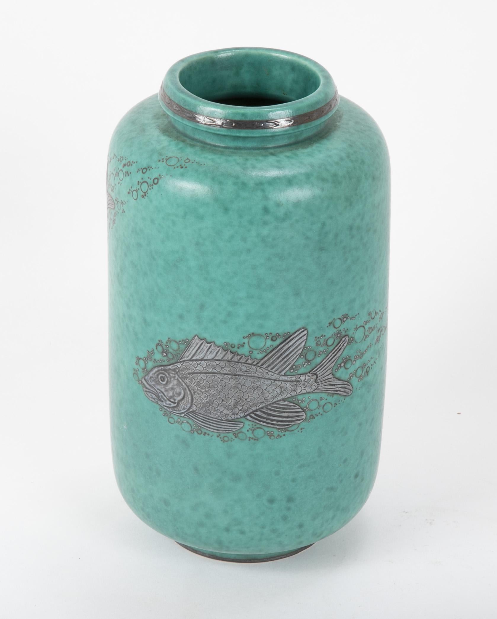 Art Deco glazed stoneware vase with swimming fish in silver overlay by Wihelm Kage for Gustavsberg, Sweden, 1930s.