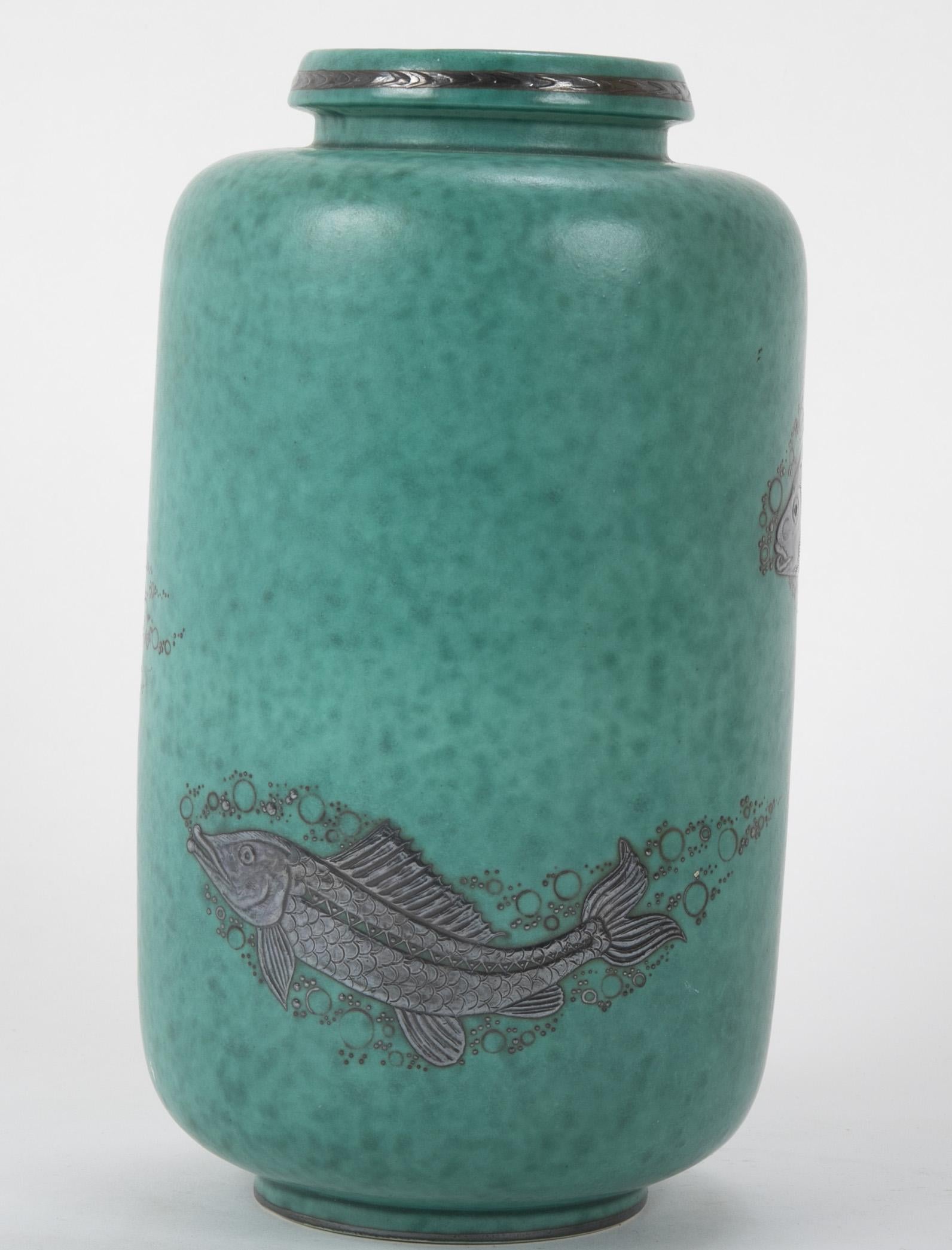 Glazed Swedish Gustavsberg Argenta Stoneware Vase with Silver Fish by Wilhelm Kage