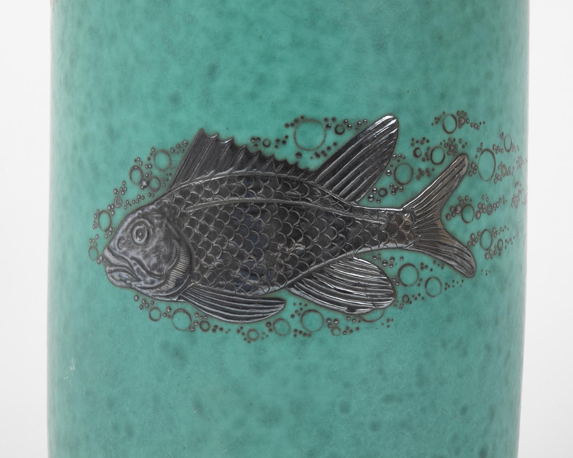 20th Century Swedish Gustavsberg Argenta Stoneware Vase with Silver Fish by Wilhelm Kage