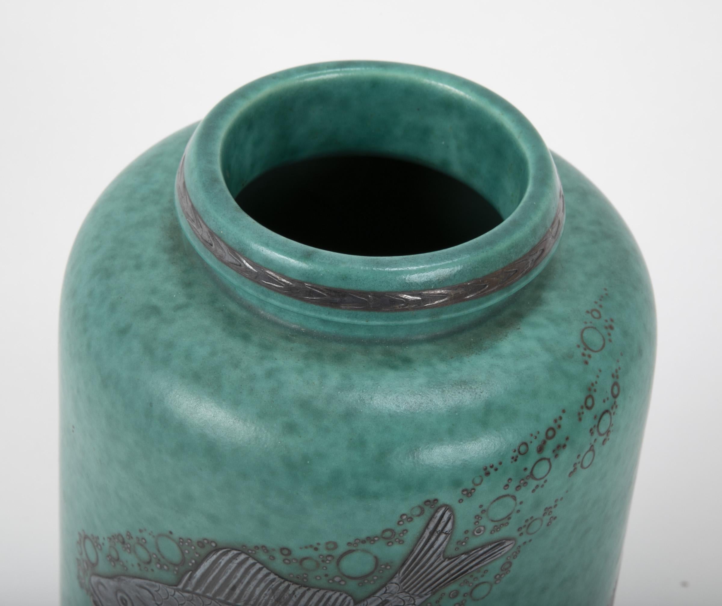 Ceramic Swedish Gustavsberg Argenta Stoneware Vase with Silver Fish by Wilhelm Kage