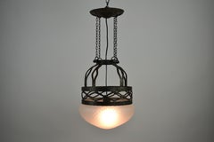 Swedish hammered and handforged ceiling lamp with frosted glass shade, 1920-30s