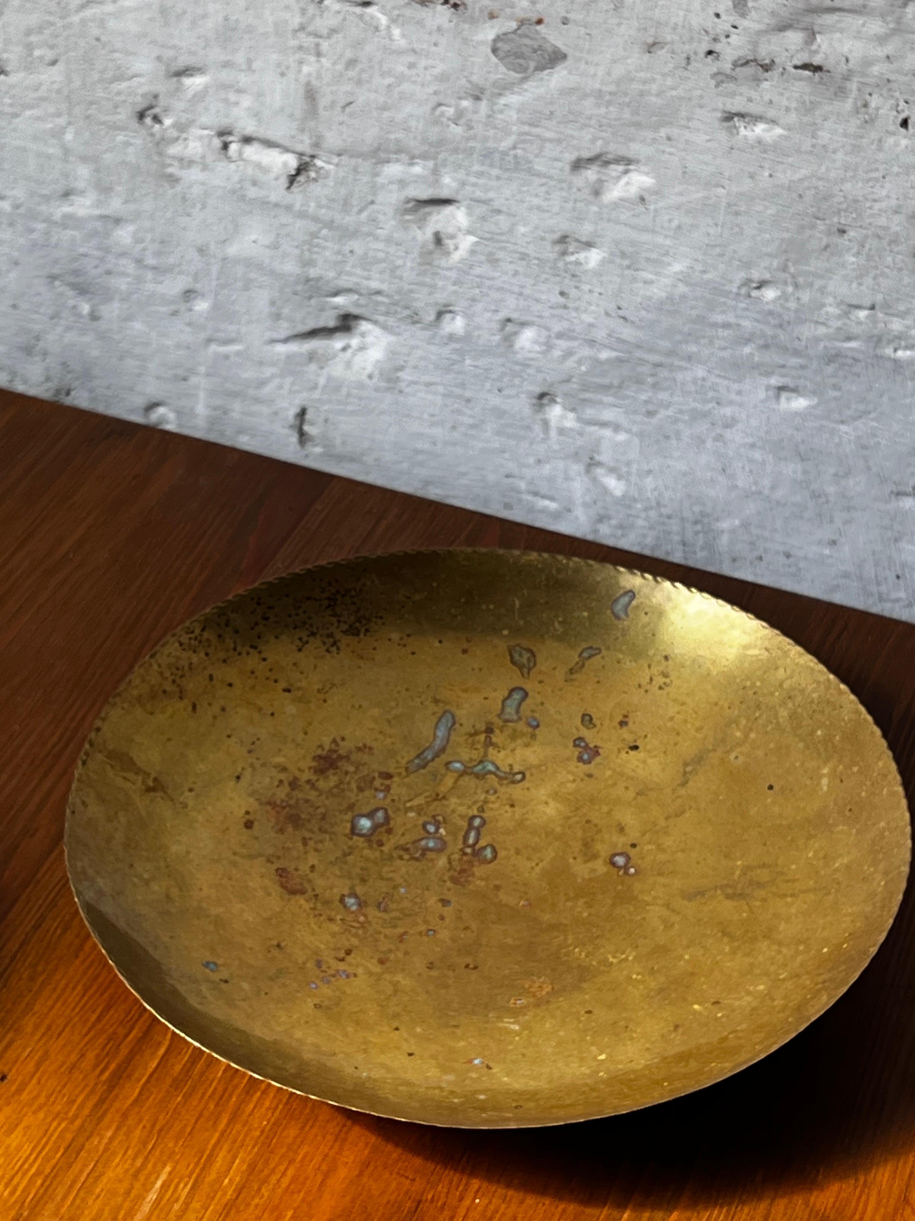 Scandinavian Modern Swedish hammered brass bowl / plater folk craft handmade