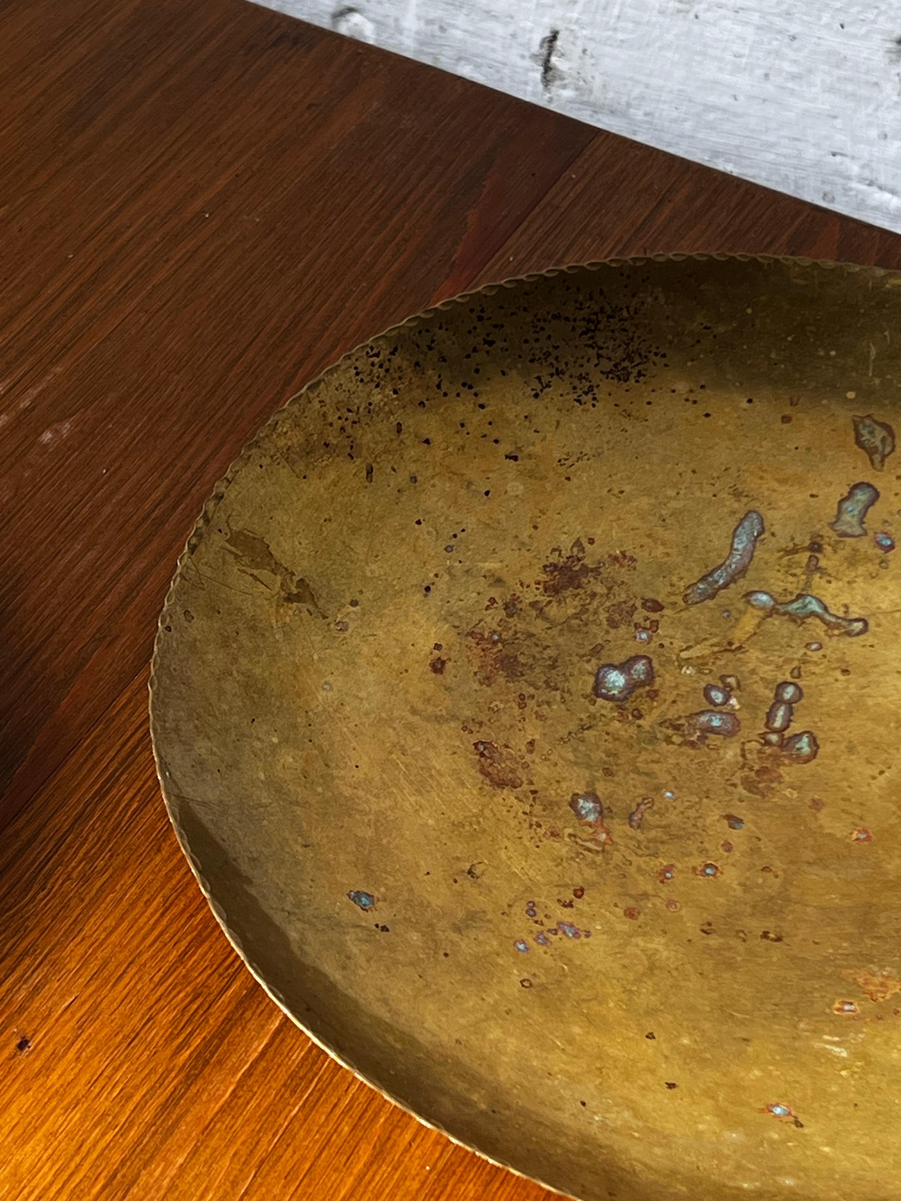 Patinated Swedish hammered brass bowl / plater folk craft handmade