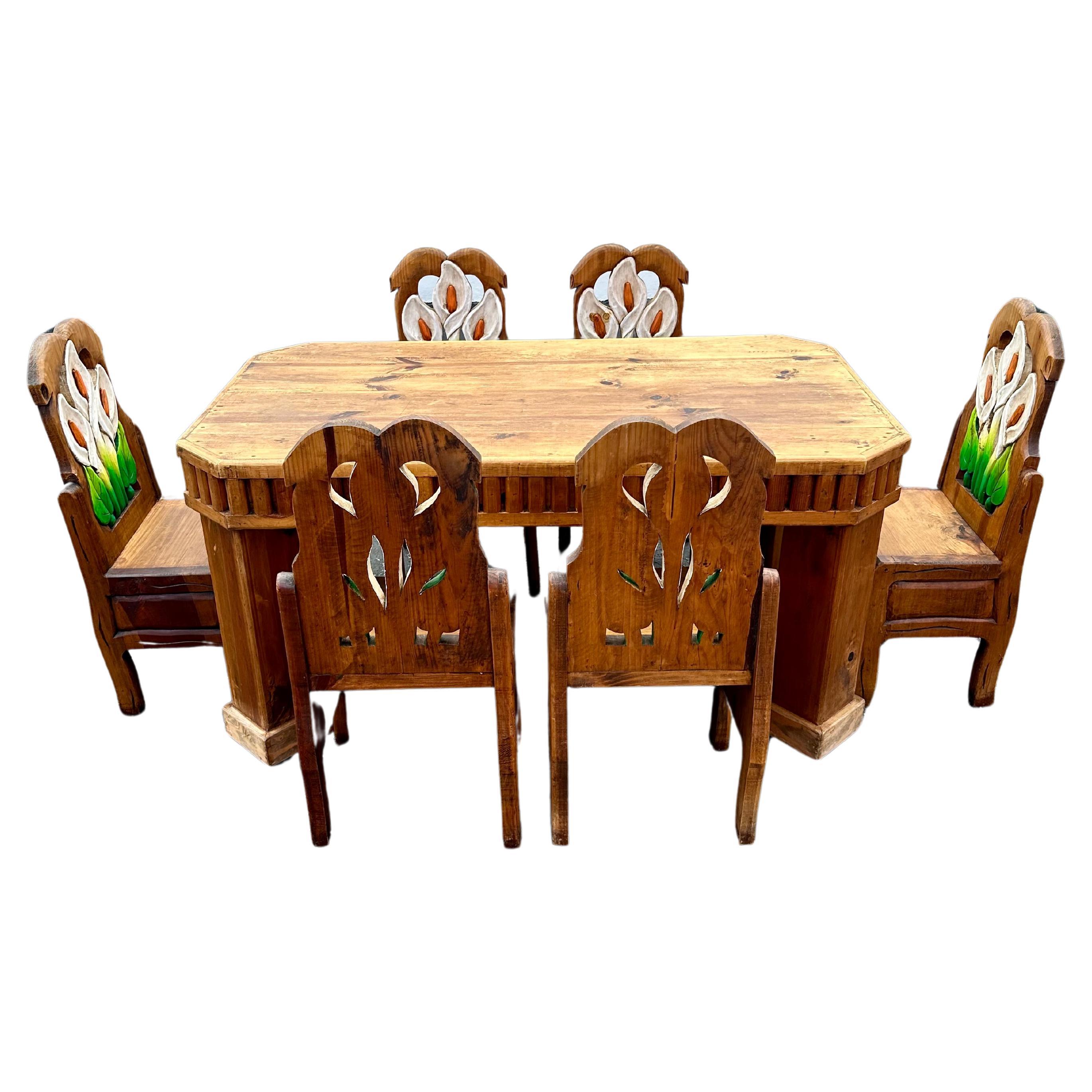 Swedish Folk Art Carved Oak Wood Painted Tulip Dining Table Chairs, Set of 7