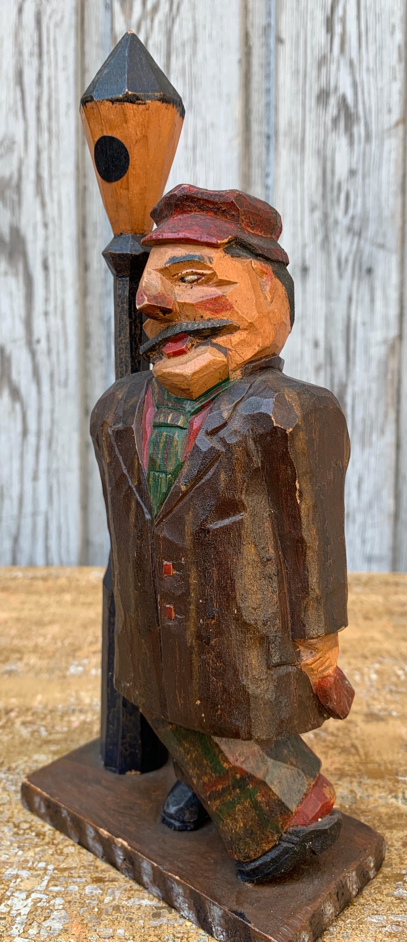 Folk Art Swedish Hand-Carved Painted Wooden Figure of a Drunk Man, Dated 1931 For Sale