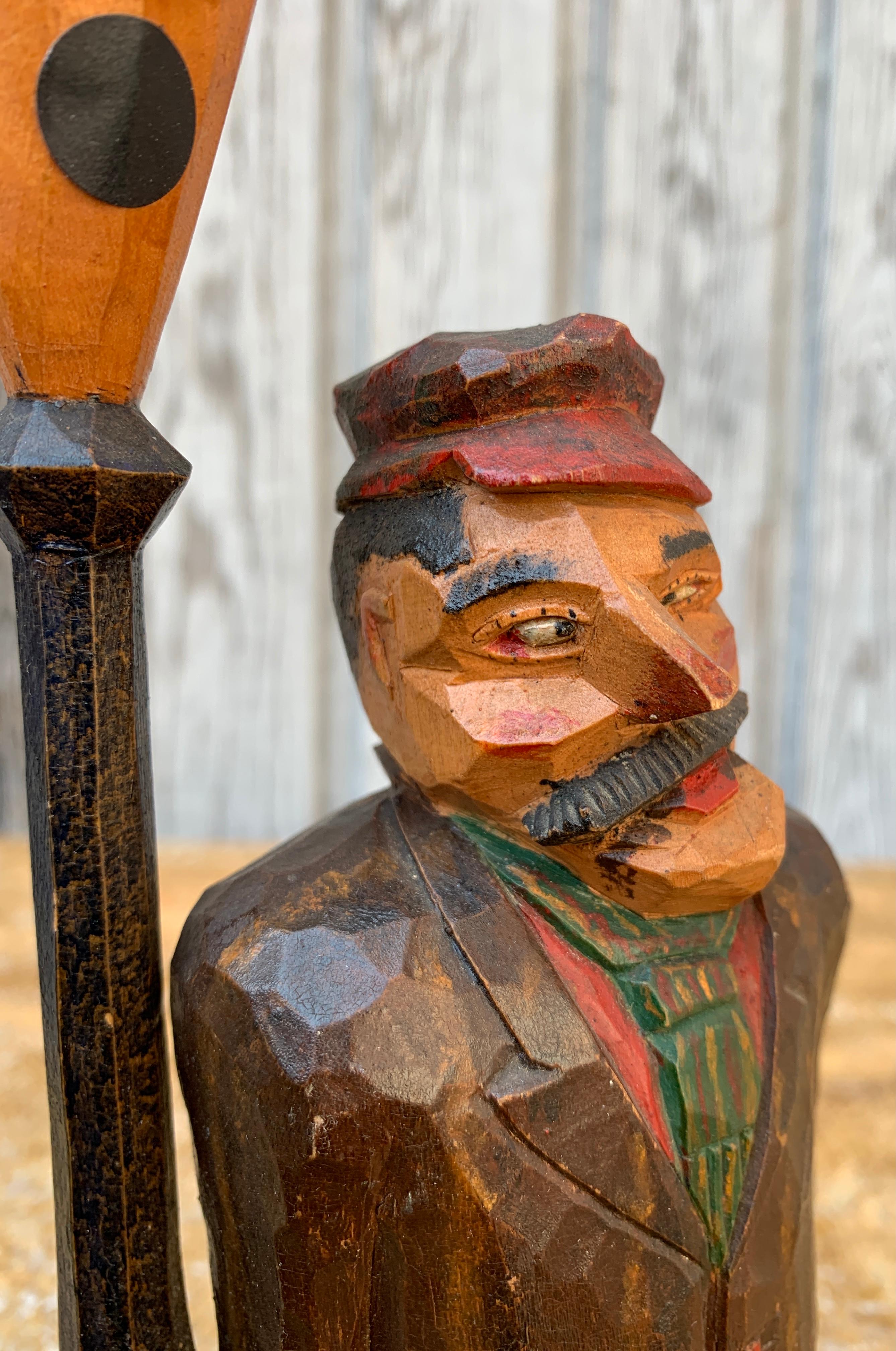 Pine Swedish Hand-Carved Painted Wooden Figure of a Drunk Man, Dated 1931 For Sale
