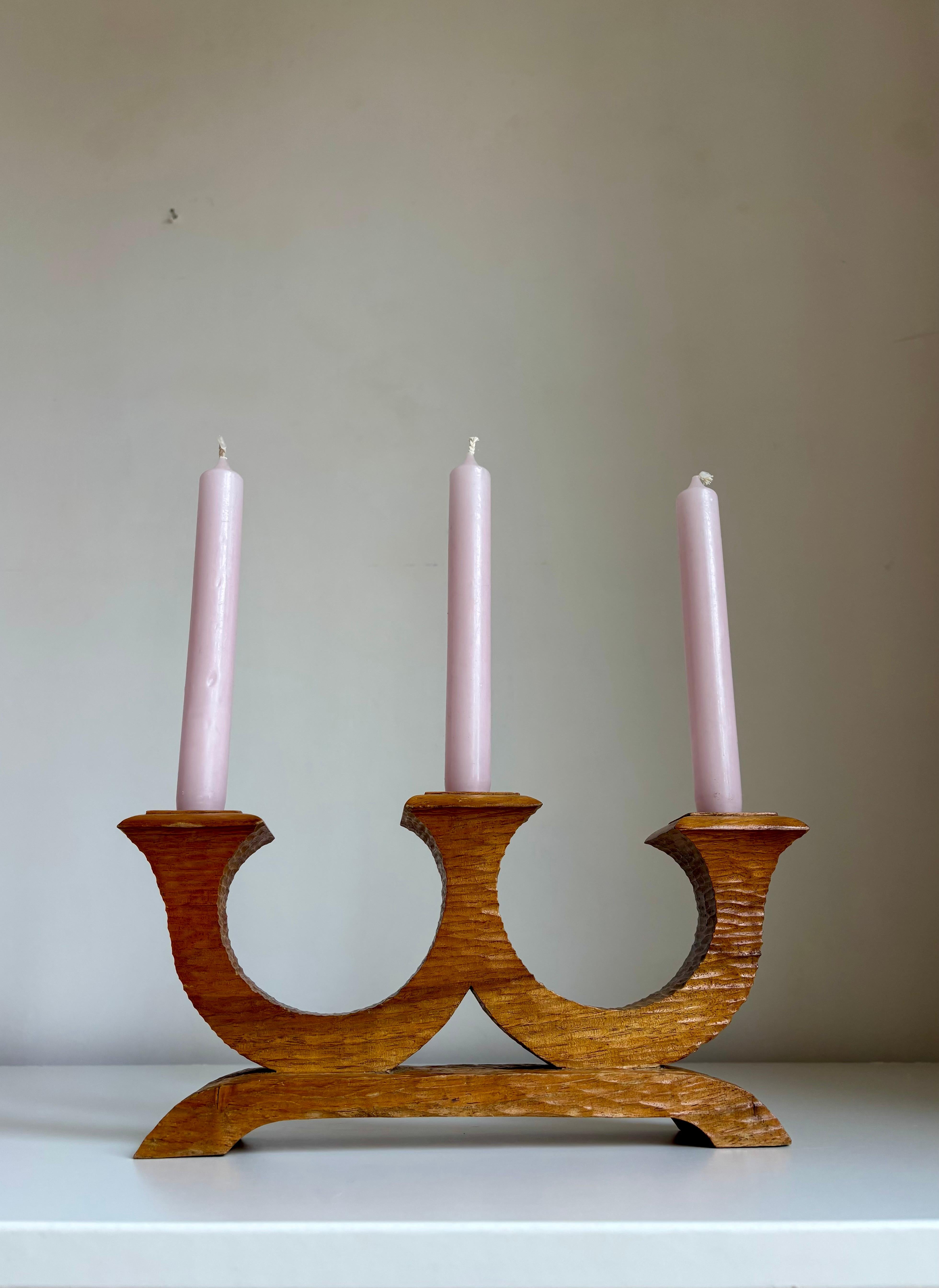 Folk Art Swedish Hand-Carved Wooden Candelabra, 1940s For Sale