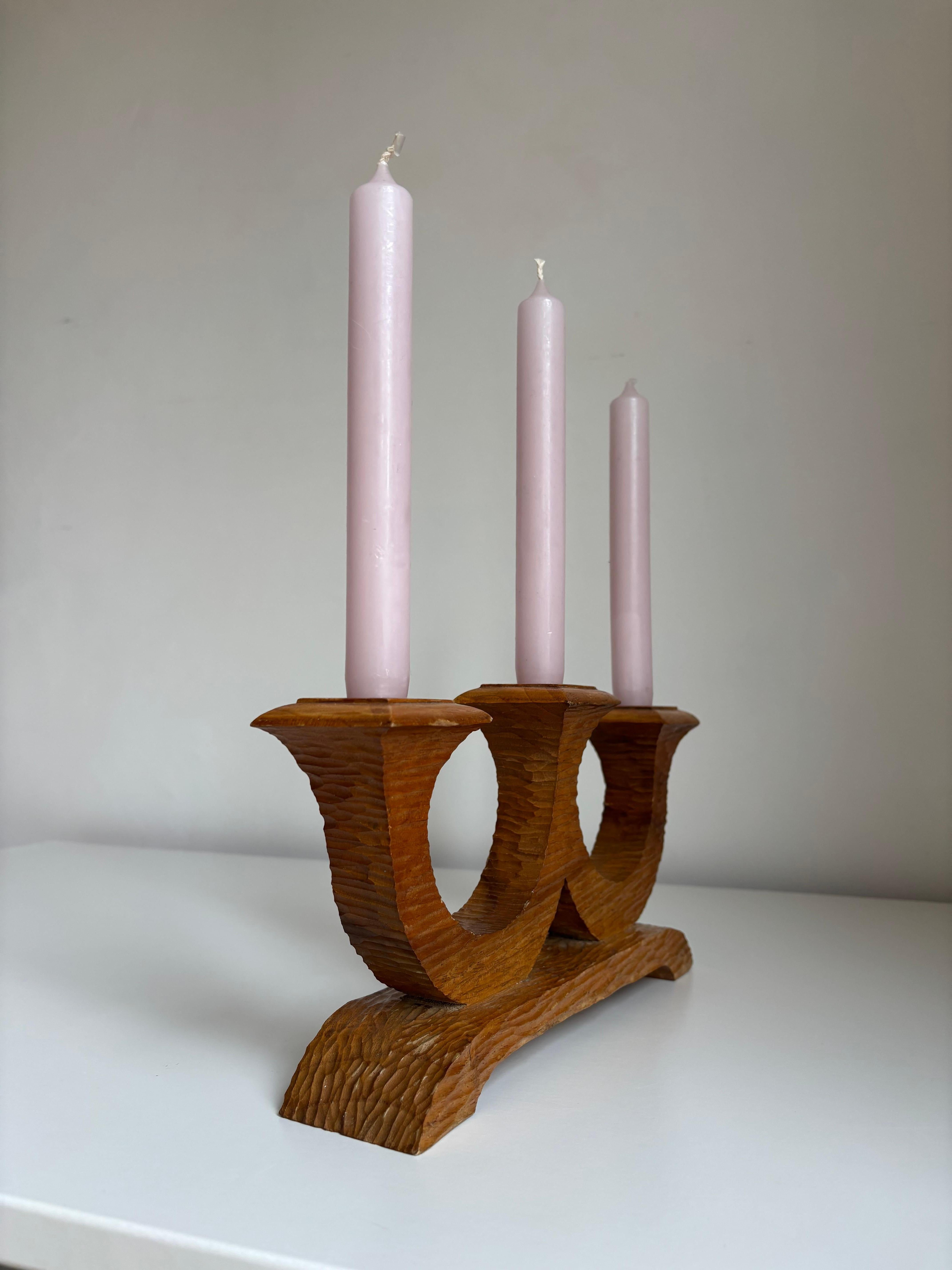 Swedish Hand-Carved Wooden Candelabra, 1940s In Good Condition For Sale In Copenhagen, DK