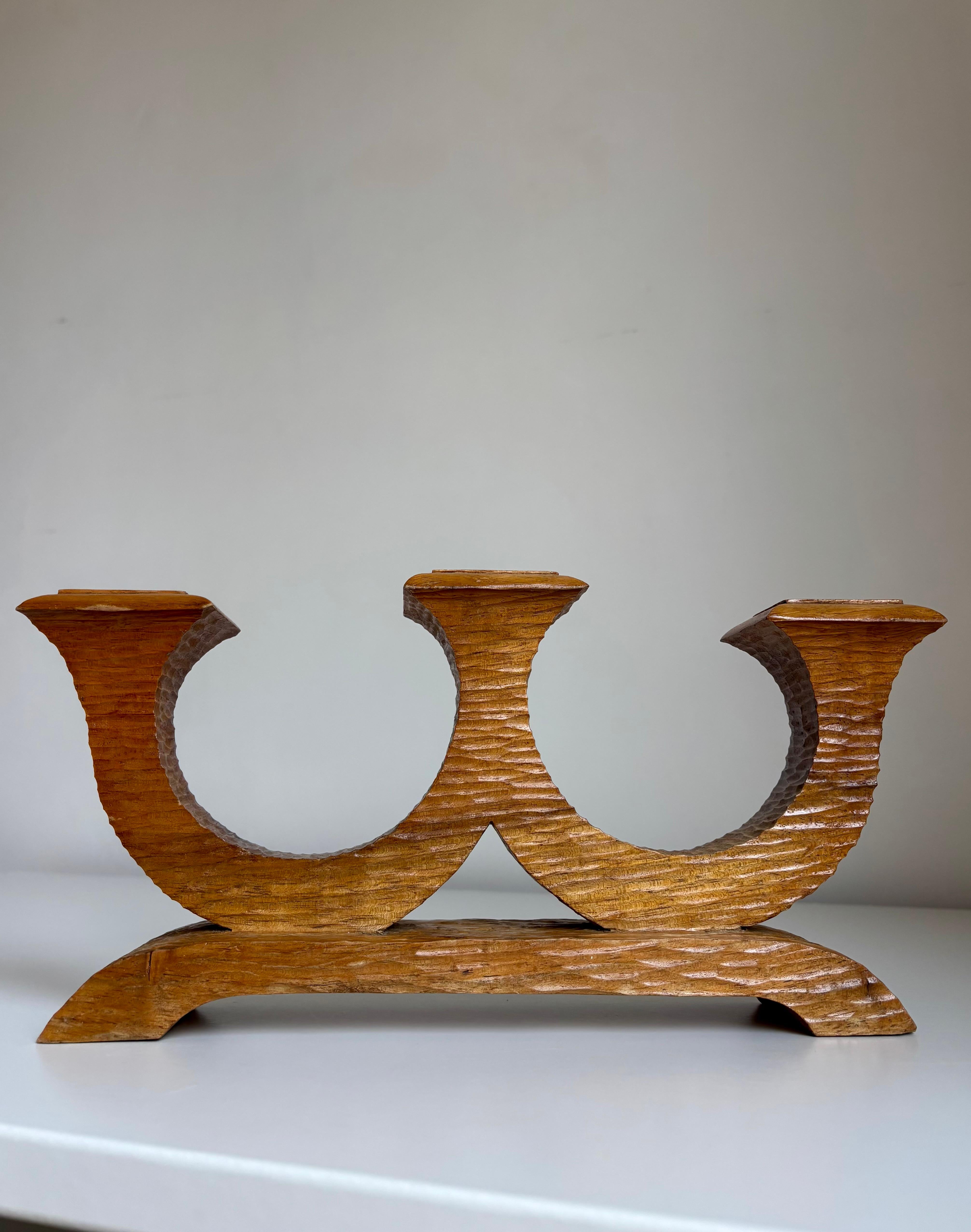 Mid-20th Century Swedish Hand-Carved Wooden Candelabra, 1940s For Sale