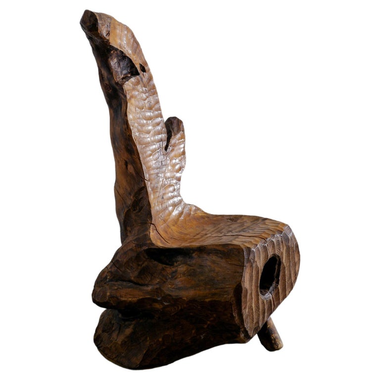 Swedish Hand Made & Sculptural Wooden Chair in a Primitive and Wabi Sabi Style For Sale
