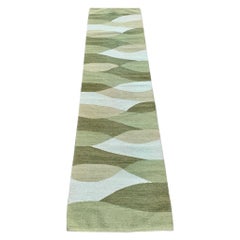 Swedish Handwoven Green Wool Rug Runner Signed Rölakan, Mid-Century Modern