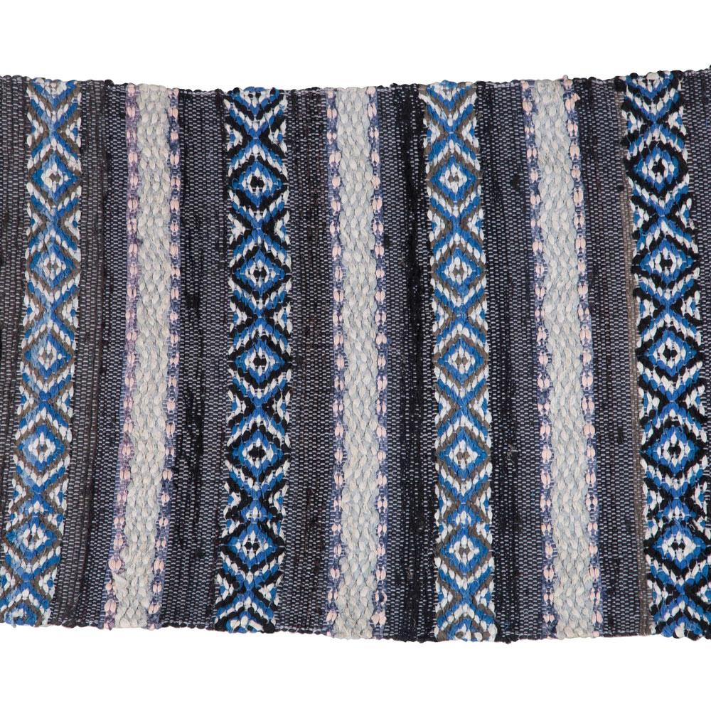 A decorative handmade rug in traditional Swedish design, with accents of black, cream and blue.