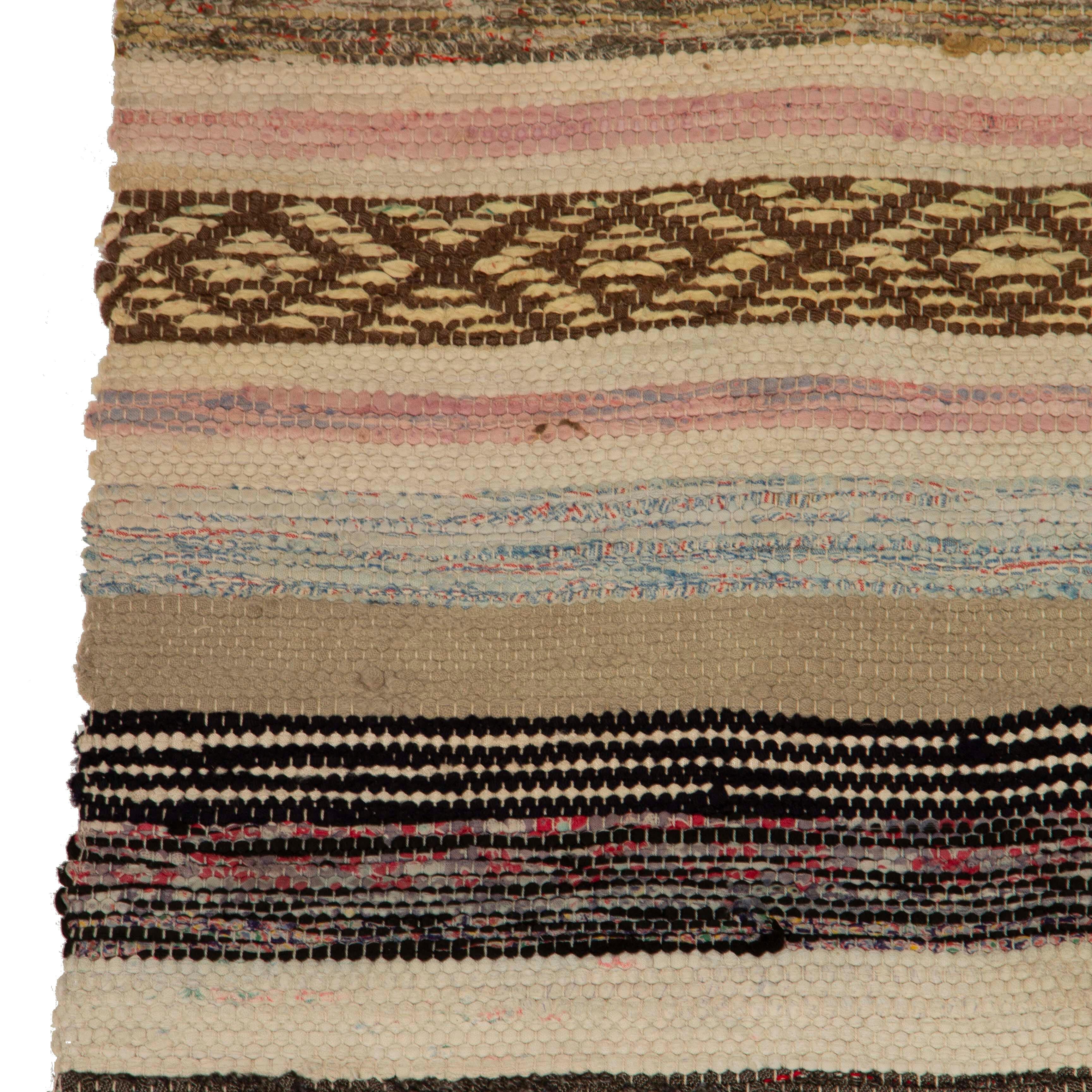 Swedish handwoven rug, circa 1940-50. This rug has a long and thin form, ideal for use as a runner. It features a densely striped design in attractive shades of blue, black, and pale green. Washable in cold water.
RT6017439.