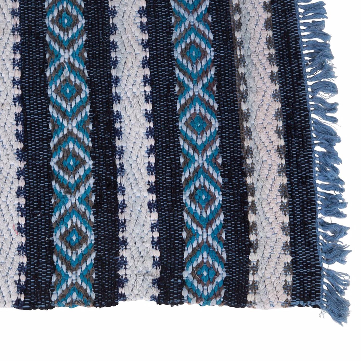 Hand-Woven 20th Century Diamond Patterned Blue White and Black Swedish Handwoven Cotton Rug