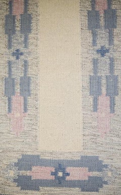 Swedish Handwoven Wool Rug with Fringes in the "Rölakan" Technique