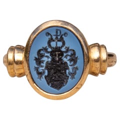 Vintage Swedish Heraldic 18k Gold Signet Ring Agate Intaglio 'Von Ramm' Coat of Arms