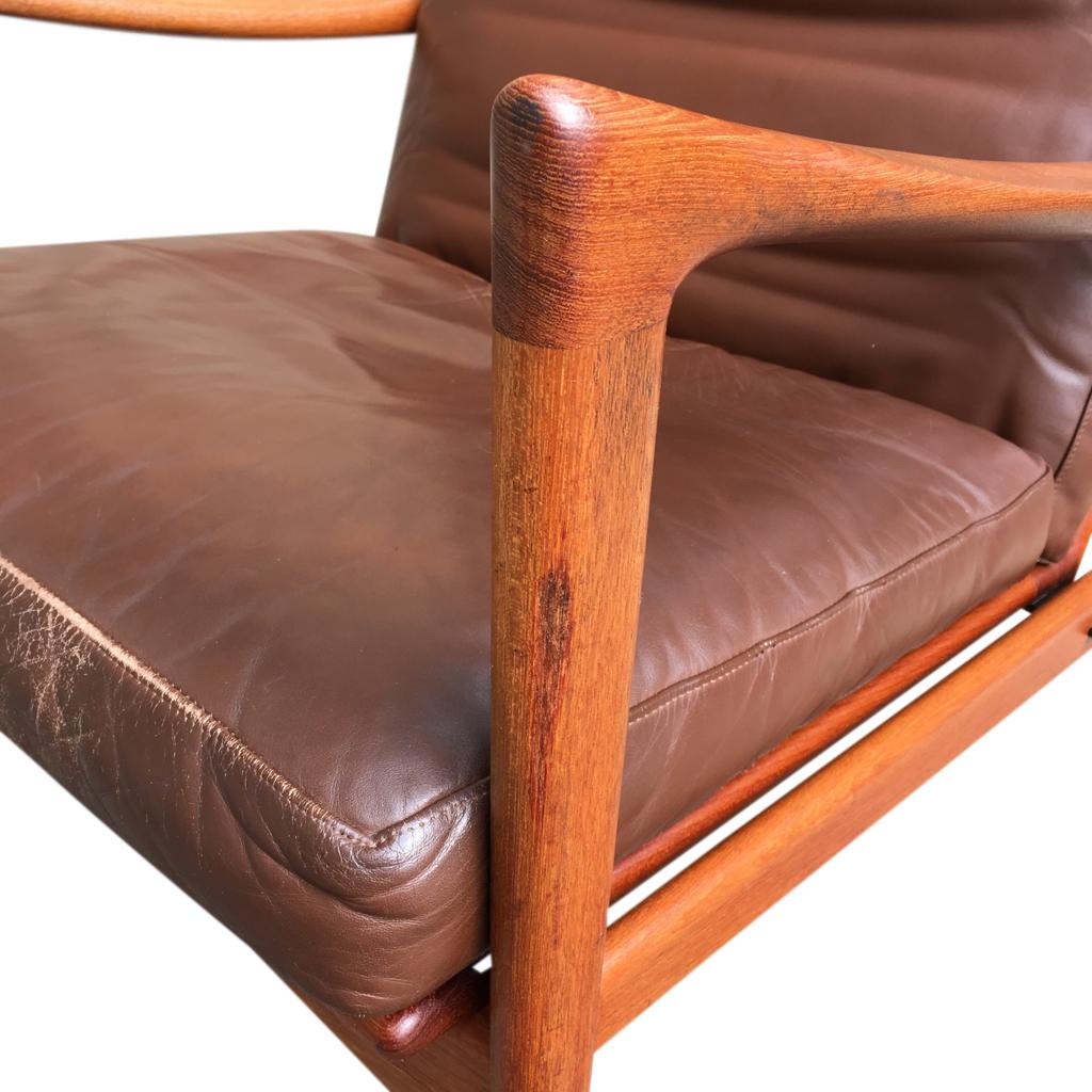 Swedish High Back Brown Leather Teak Easy Chair by Ib Kofod-Larsen for OPE 1960s For Sale 1