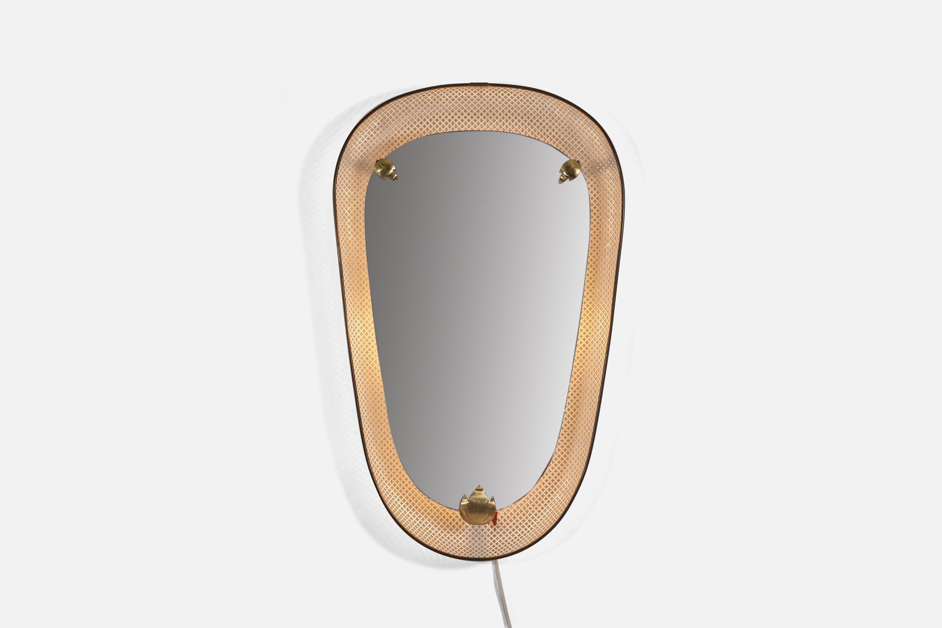 An illuminated, brass and perforated and lacquered metal wall mirror designed and produced in Sweden, 1940s. 

