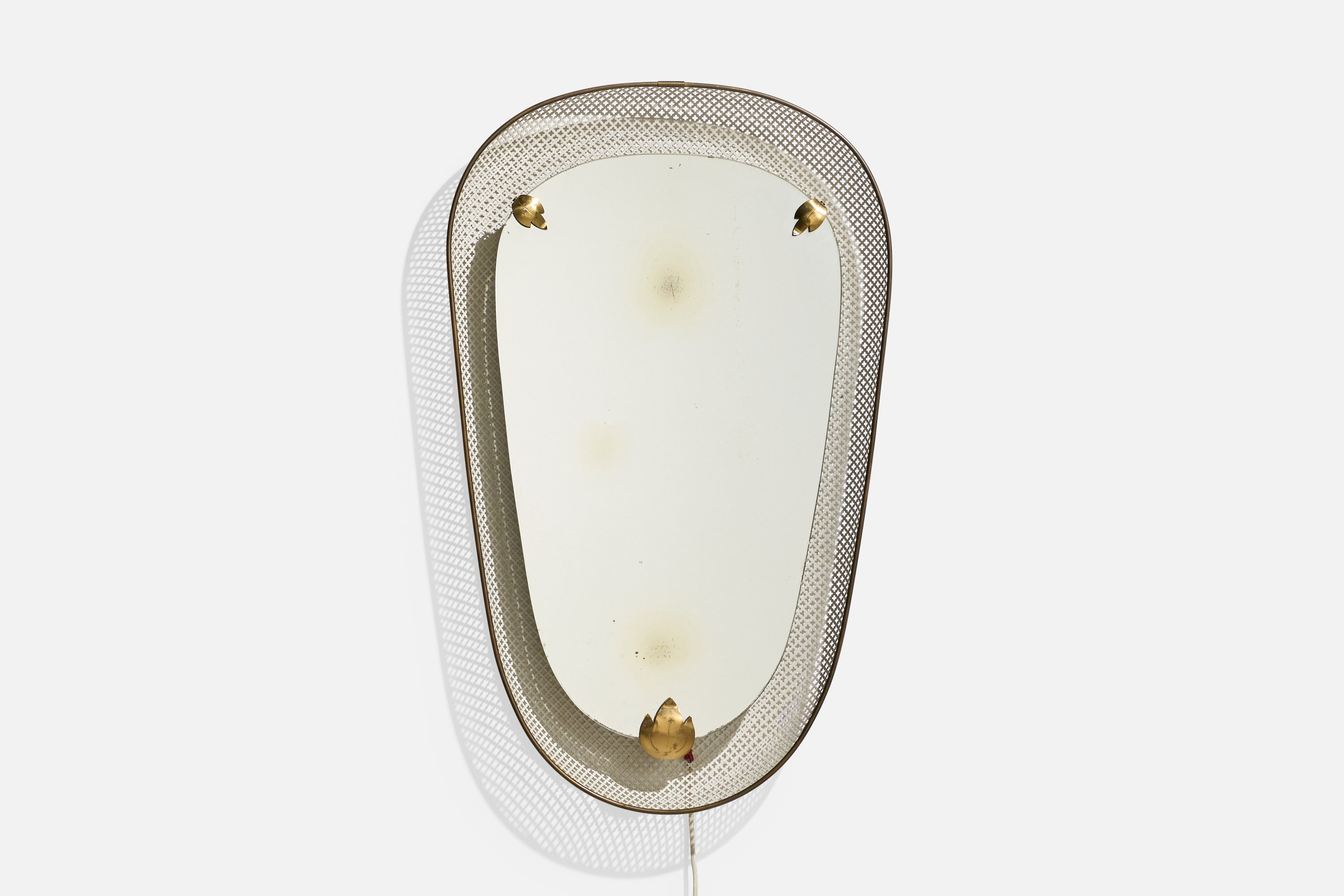 Specchio da parete svedese illuminato, ottone, metallo perforato, Svezia, anni '40
