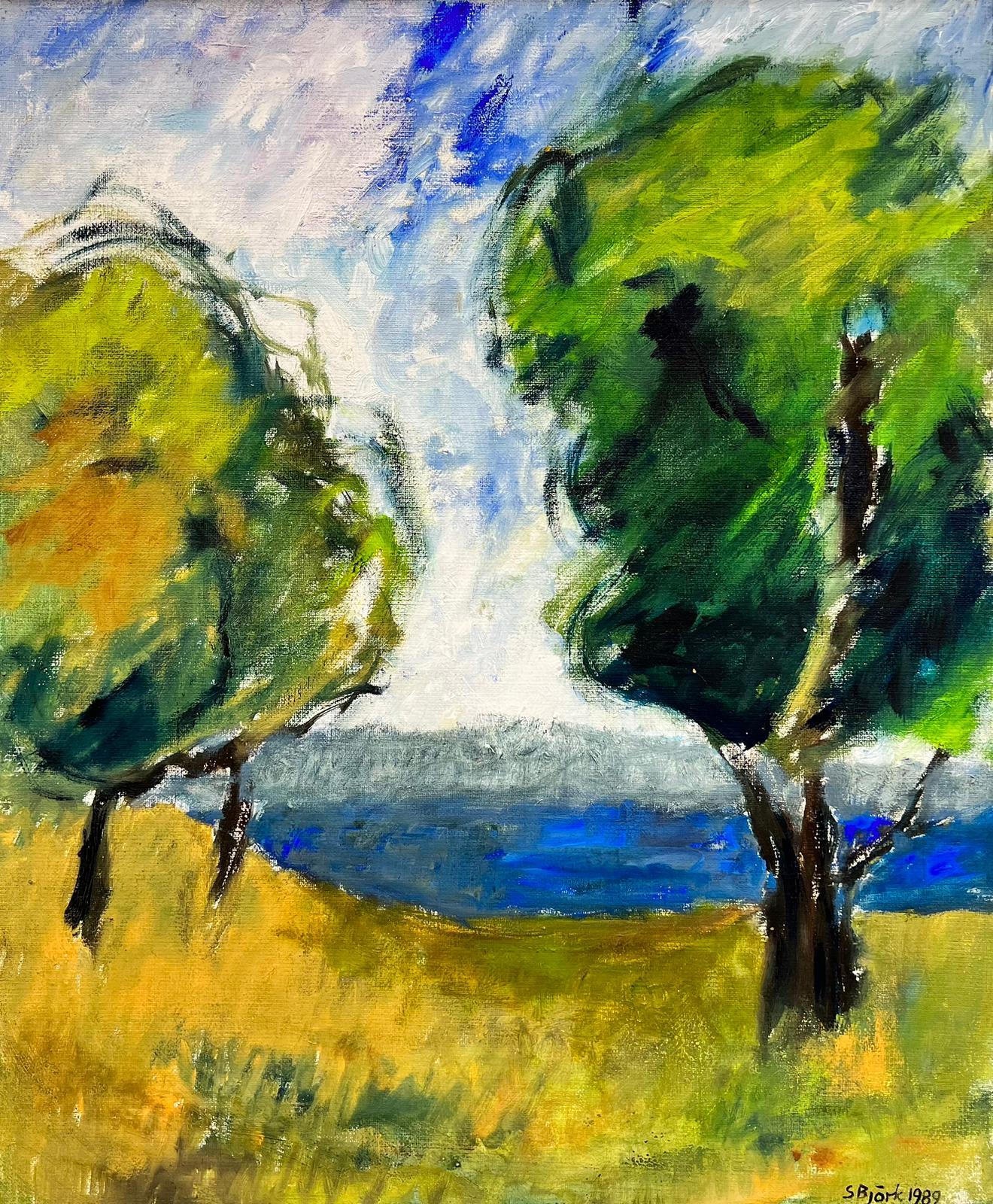 Swedish Impressionist Landscape Painting - Green Trees in Coastal Landscape Signed Swedish Oil Painting on Canvas