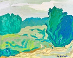 Swedish Mid Century Signed Modernist Oil Green Trees Landscape framed canvas