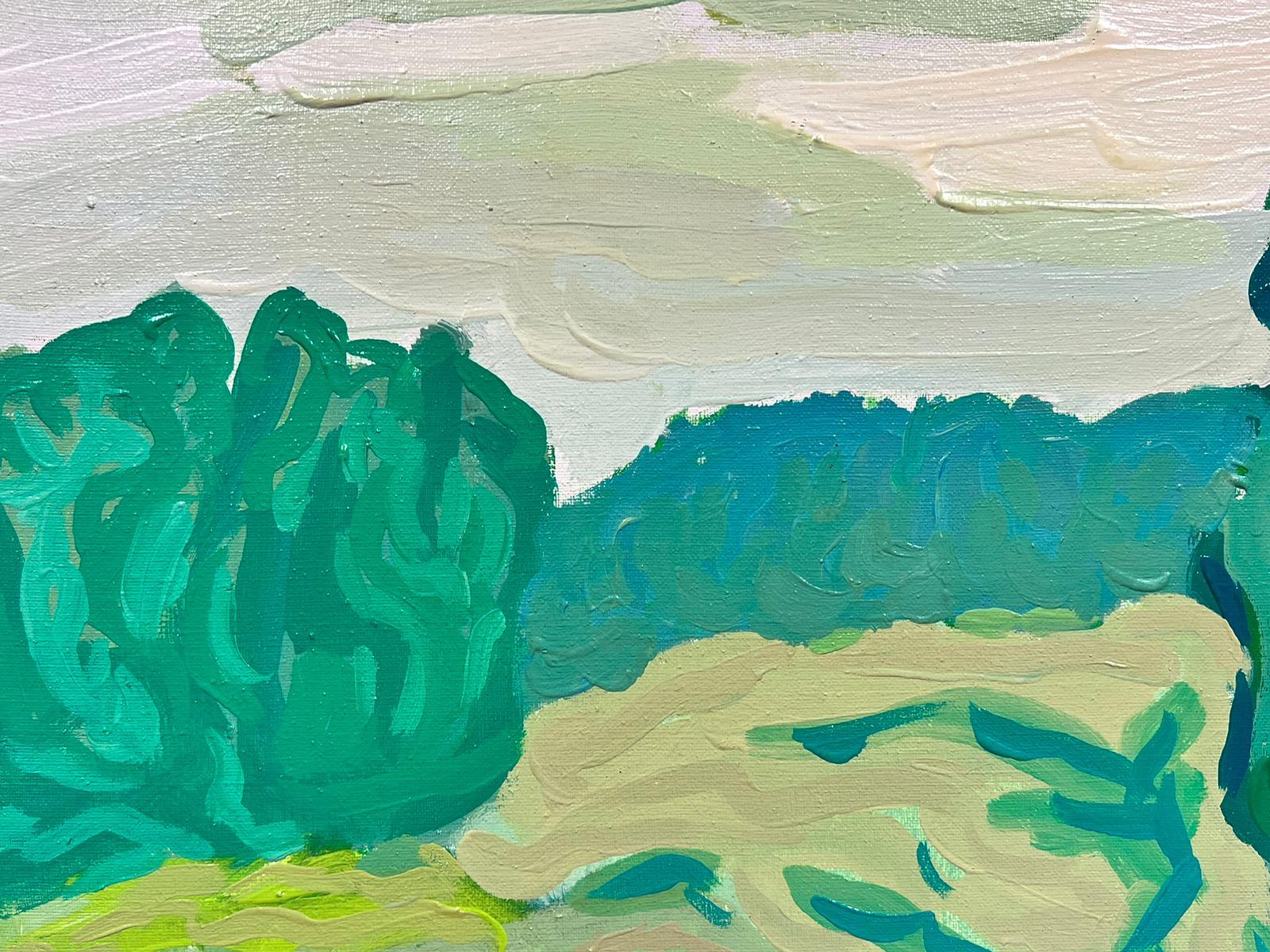 Swedish Mid Century Signed Modernist Oil Green Trees Landscape framed canvas 2