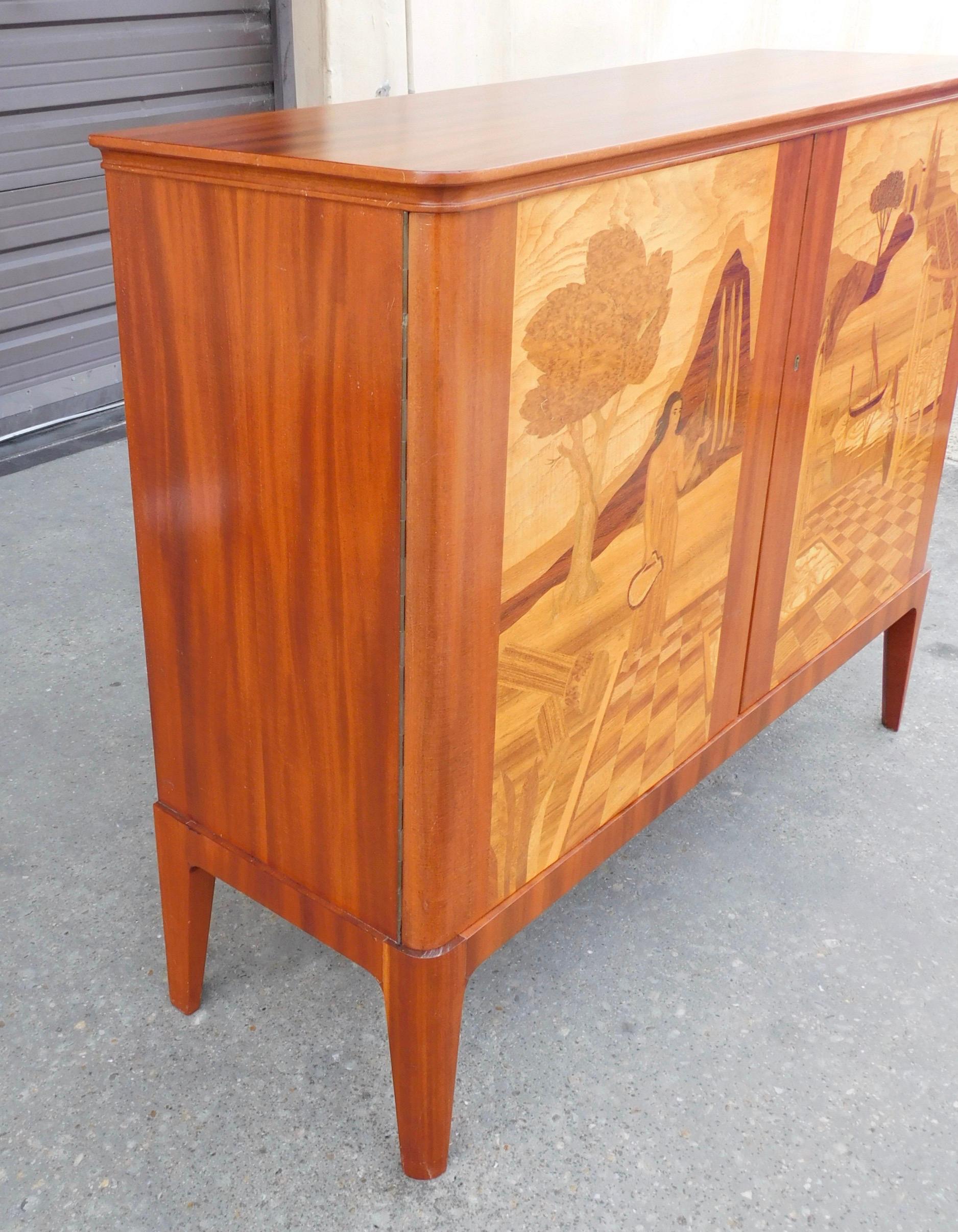 Mahogany Swedish Inlaid Storage Cabinet by Erik Matsson for Mjölby Intarsia, 1943 For Sale