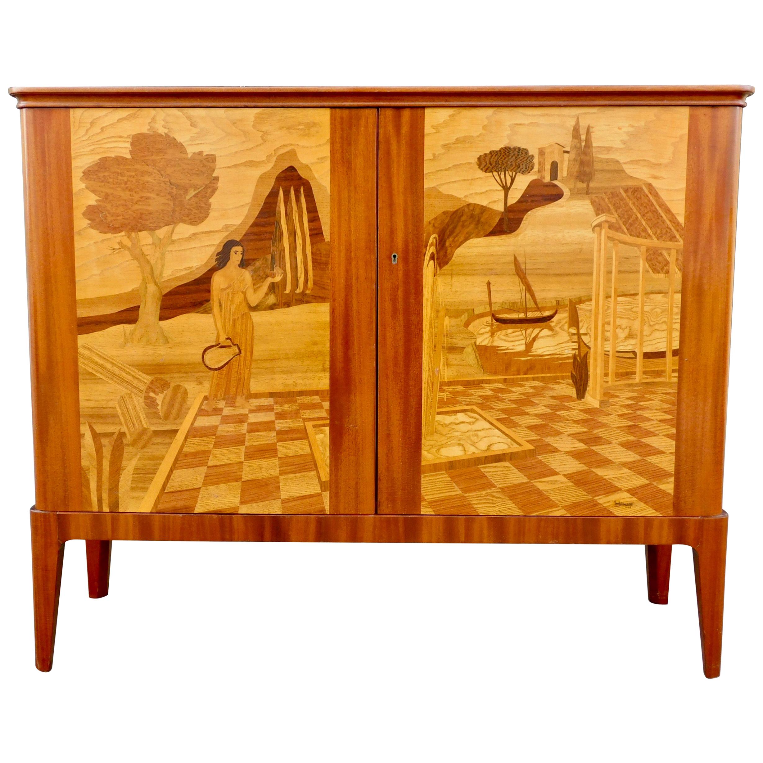Swedish Inlaid Storage Cabinet by Erik Matsson for Mjölby Intarsia, 1943 For Sale