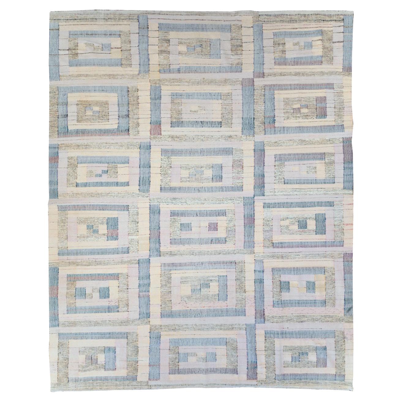 Kilim turc tissé à plat, fait main, d'inspiration suédoise, contemporain, grand tapis