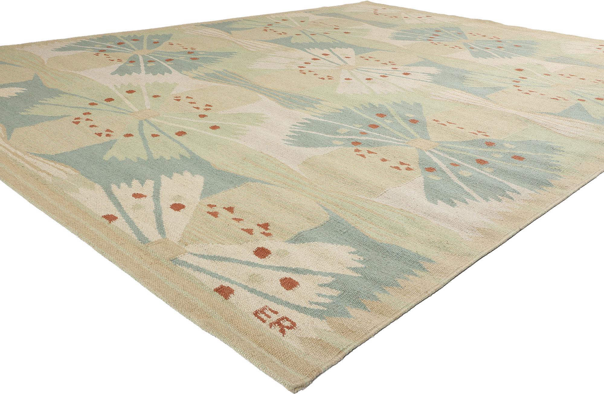 31148 Moderner skandinavischer grüner schwedisch inspirierter Kilim-Teppich, 10'04 x 13'07. Skandinavisch-moderne, schwedisch inspirierte Kelimteppiche, die in Indien gefertigt werden, vereinen gekonnt minimalistisches skandinavisches Design mit