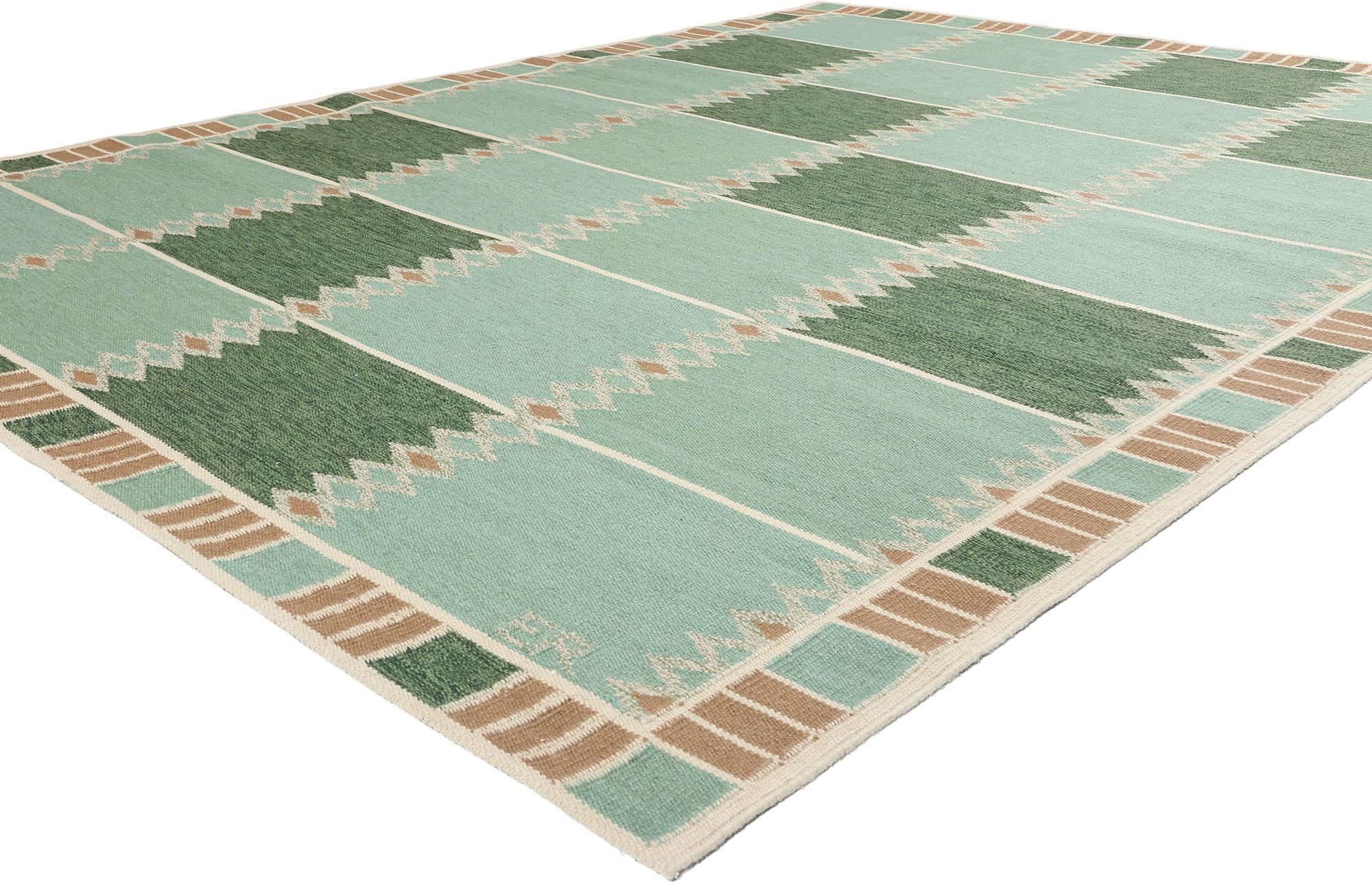 31112 Scandinavian Modern Green Swedish-Inspired Kilim Rug, 09'03 x 11'10. Scandinavian Modern Swedish-Inspired kilim rugs crafted in India merge minimalist Scandinavian design with traditional Indian artistry. These handwoven, flat-weave rugs
