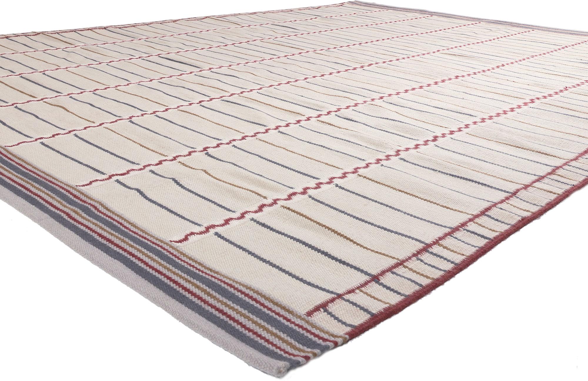 30931 New Swedish Inspired Kilim Rug, 09'00 x 12'00.
Scandinavian Modern meets Cubist Minimalism in this handwoven wool Swedish-inspired kilim rug. The simplistic linear design and minimal color scheme woven into this piece share a common theme of