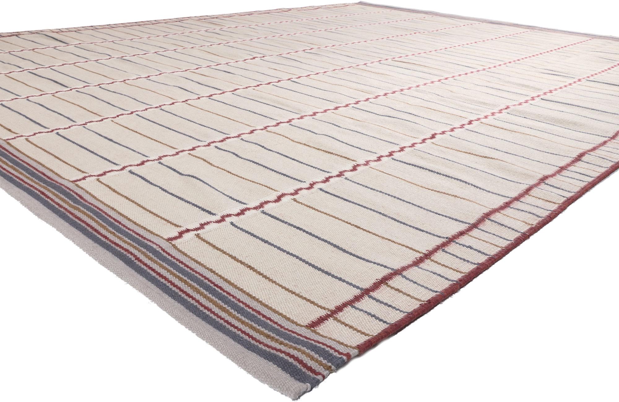 30932 New Swedish Inspired Kilim Rug, 10'00 x 13'02.
Scandinavian Modern meets Cubist Minimalism in this handwoven wool Swedish-inspired kilim rug. The simplistic linear design and minimal color scheme woven into this piece share a common theme of