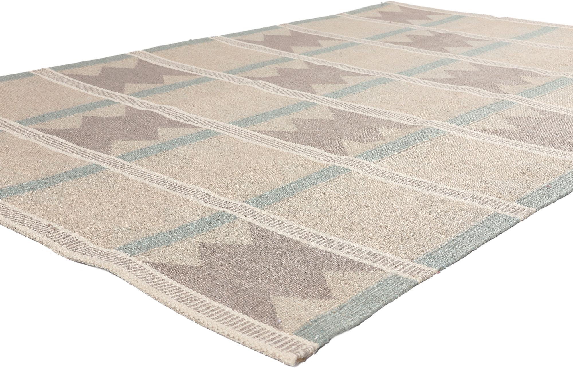 30804 Ingegerd Silow Swedish Inspired Kilim Rug, 05'01 x 08'01.
Sublime simplicity meets Scandinavian Modern style in this handwoven Swedish inspired Kilim rug. The geometric panel design and earthy hues woven into this piece work together creating