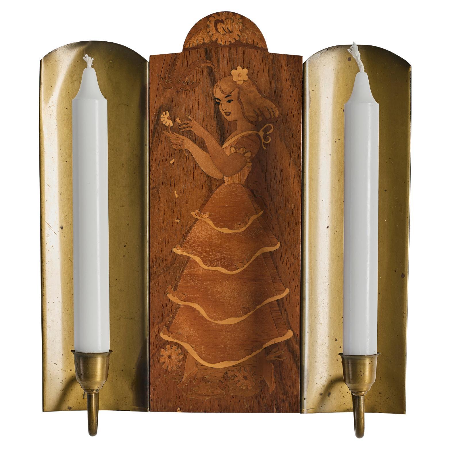 Swedish Intarsia Wall Sconce by Birger Ekman for Mjölby Intarsia, 1940s