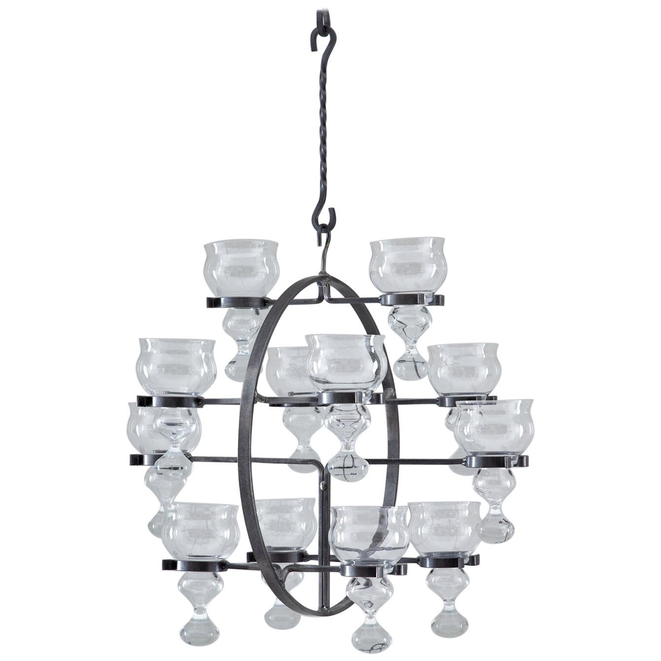 Swedish Iron and Glass Hanging Candelabra / Chandelier by Bertil Vallien For Sale