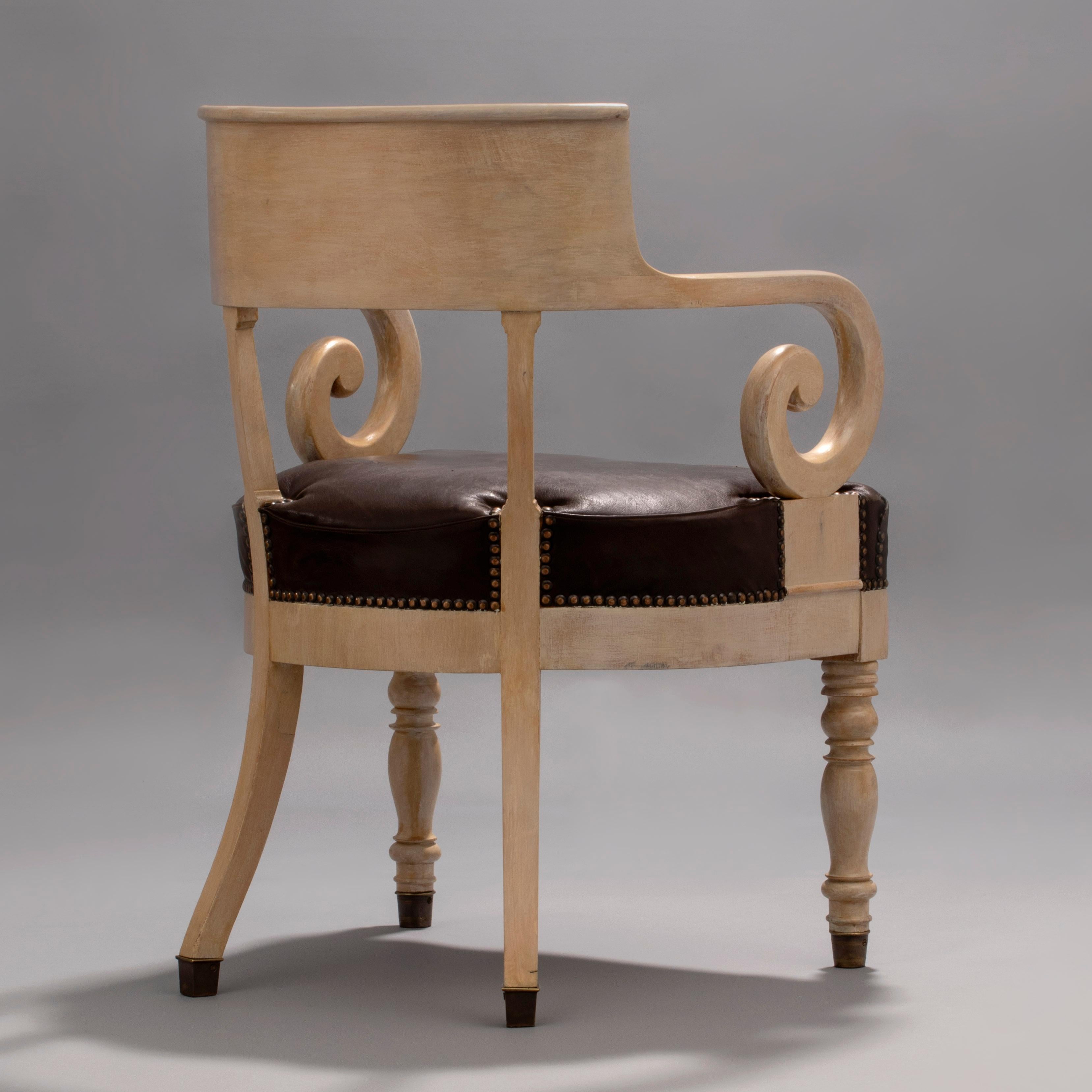 Empire Swedish Ivory-Glazed Birch, Patinated Leather and Brass 19th Century Armchair For Sale