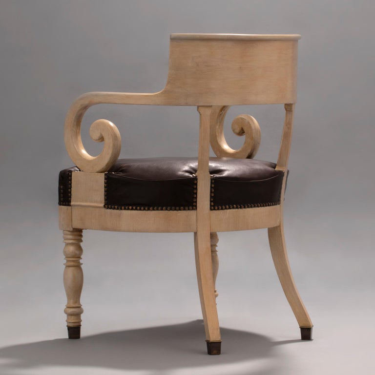 Swedish Ivory-Glazed Birch, Patinated Leather and Brass 19th Century Armchair In Good Condition For Sale In Philadelphia, PA