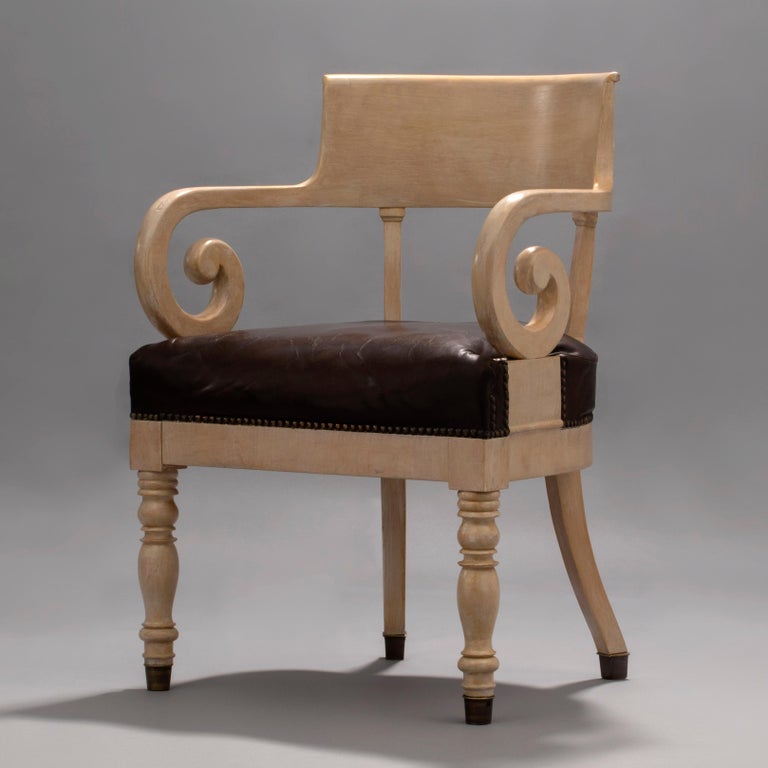 Swedish Ivory-Glazed Birch, Patinated Leather and Brass 19th Century Armchair For Sale 1