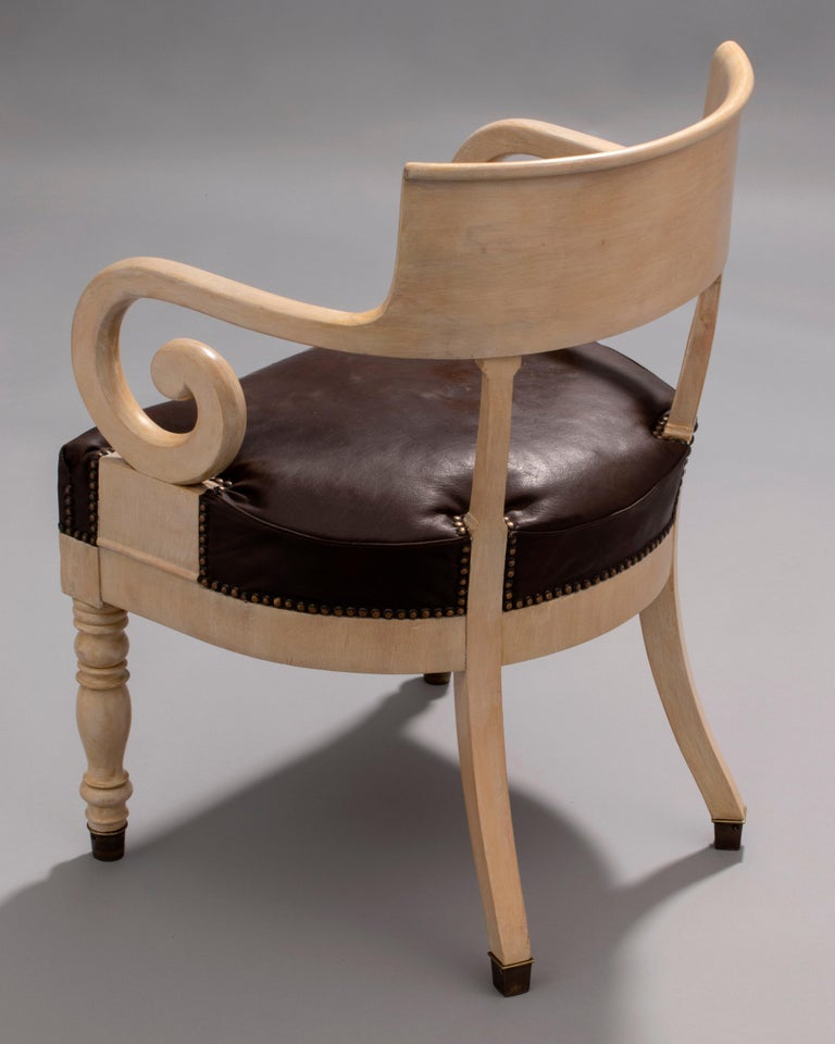 Swedish Ivory-Glazed Birch, Patinated Leather and Brass 19th Century Armchair For Sale 2