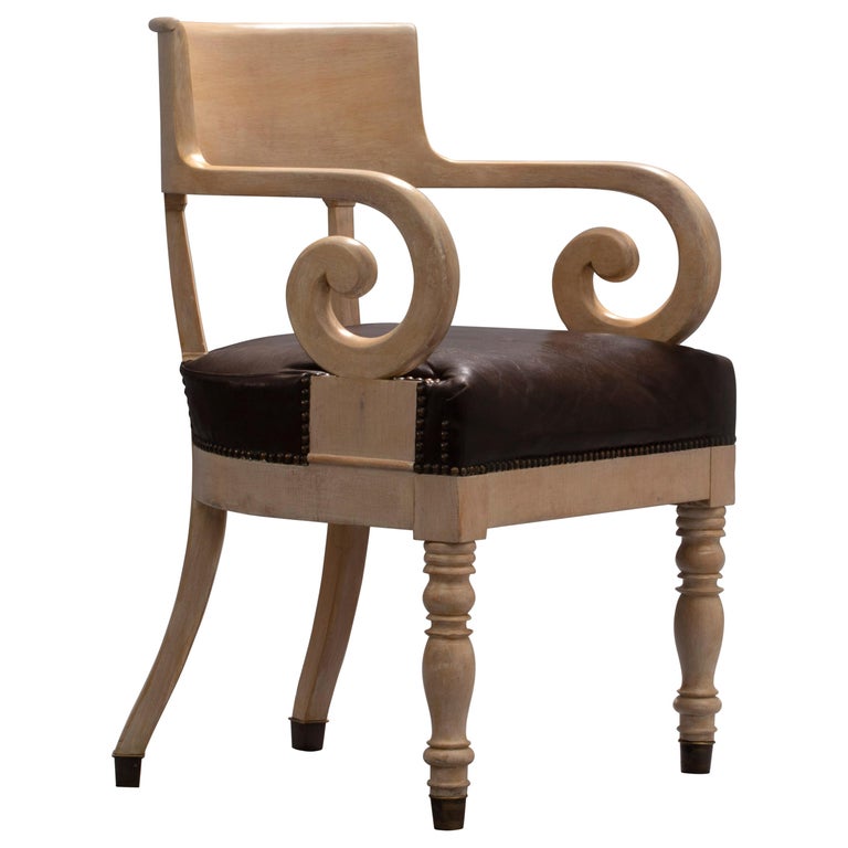 Swedish Ivory-Glazed Birch, Patinated Leather and Brass 19th Century Armchair For Sale