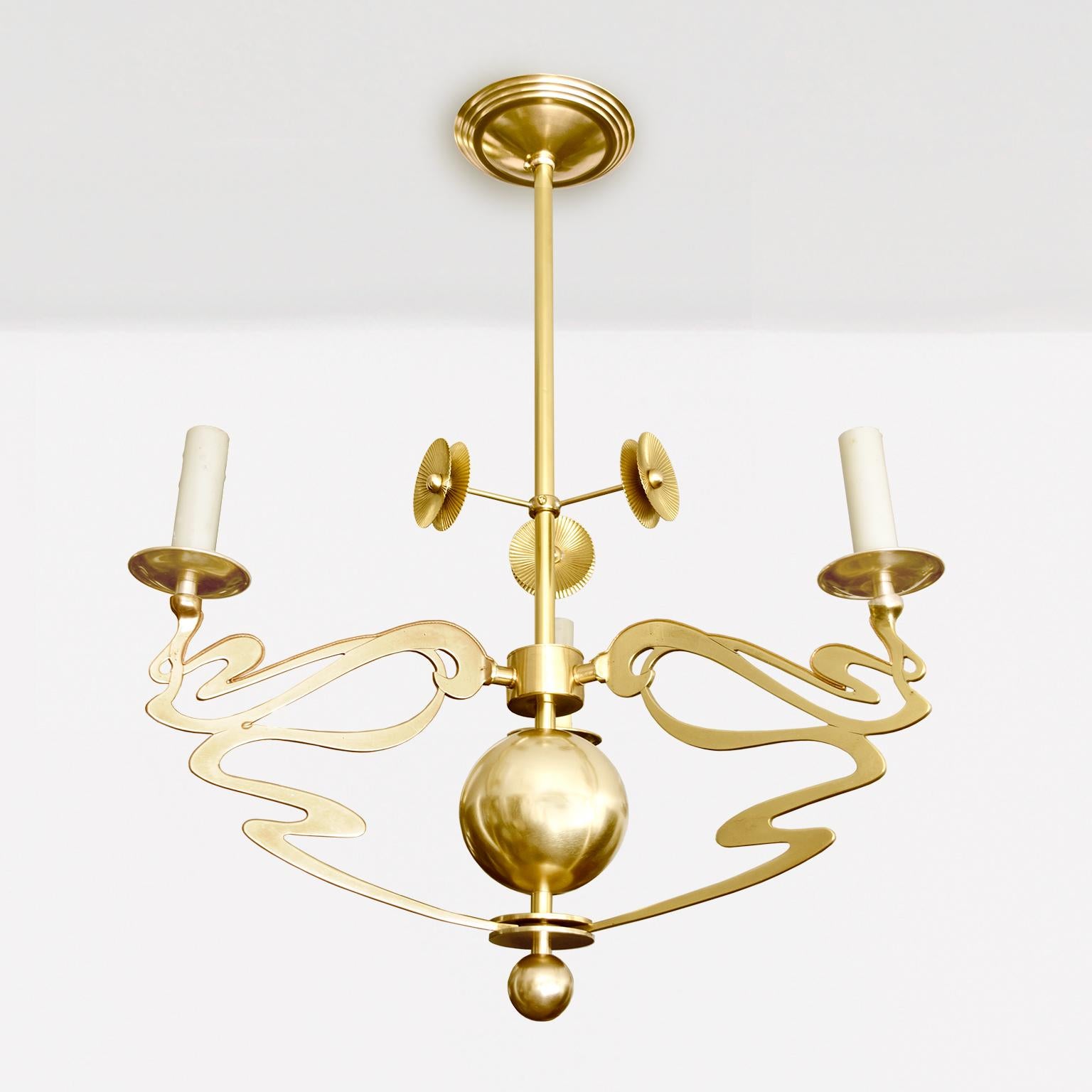 Scandinavian Swedish Jugendstil, Art Nouveau 3-arm chandelier of polished brass, B For Sale