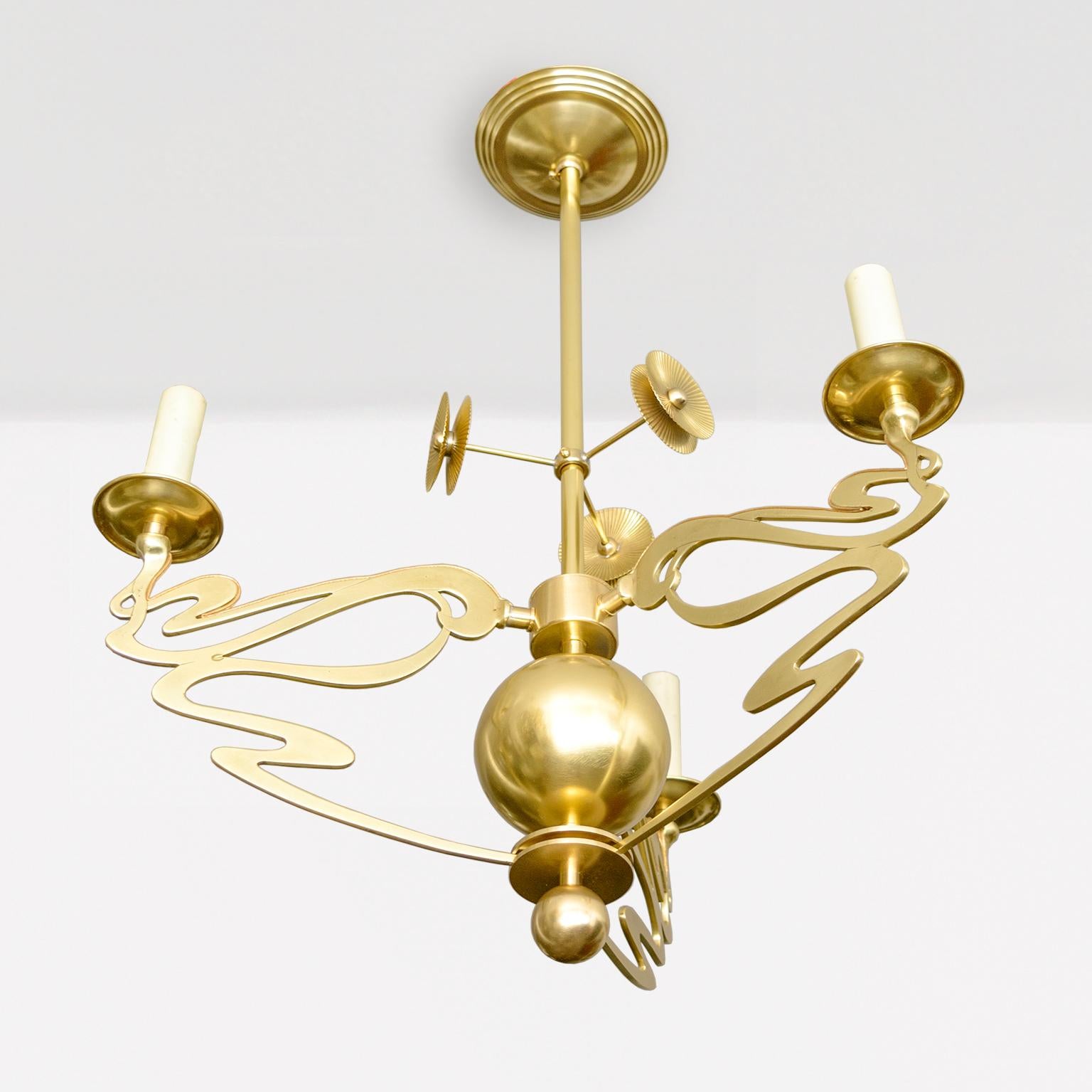 Polished Swedish Jugendstil, Art Nouveau 3-arm chandelier of polished brass, B For Sale